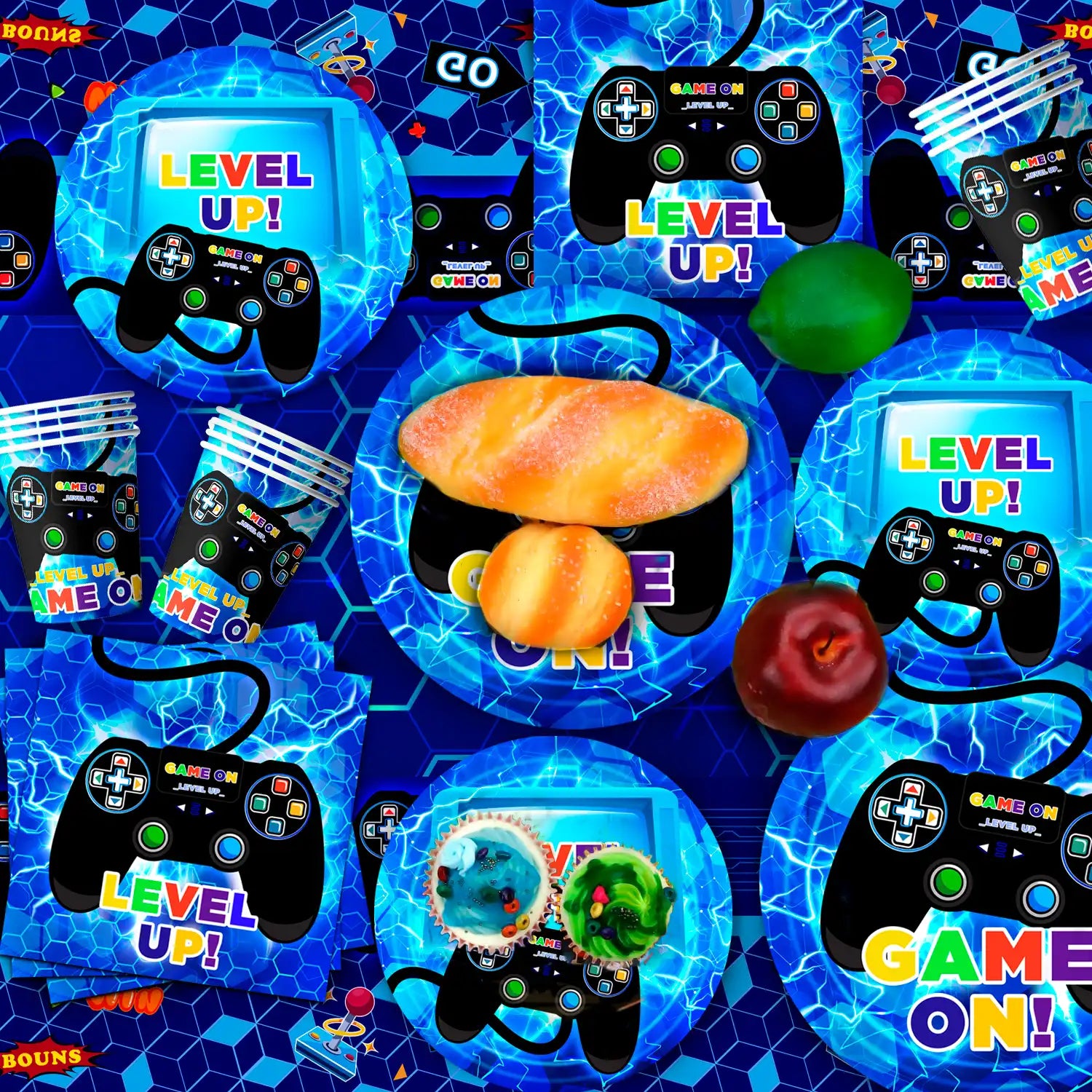 Gamer Birthday Decorations Blue, 16 Guests Gaming Party Tableware Set - Game Themed Party Plate Cups Napkins Tablecloth etc Video Game Birthday Party Supplies for Boys/Girls Kids, Serves 16