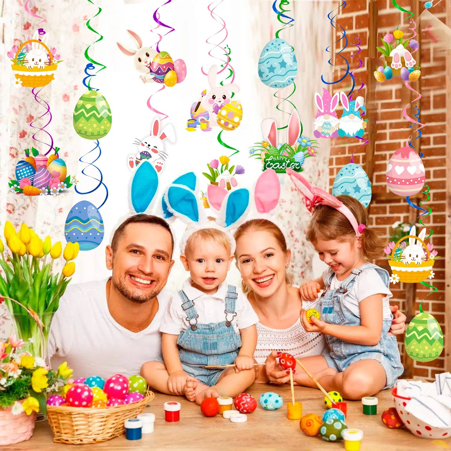 Easter Hanging Swirl Decorations, 56 Pcs Easter Party Hanging Swirls, Easter Bunny Hanging Swirls & Easter Foil Swirl Decorations for Easter Party Decorations & Happy Easter Decorations