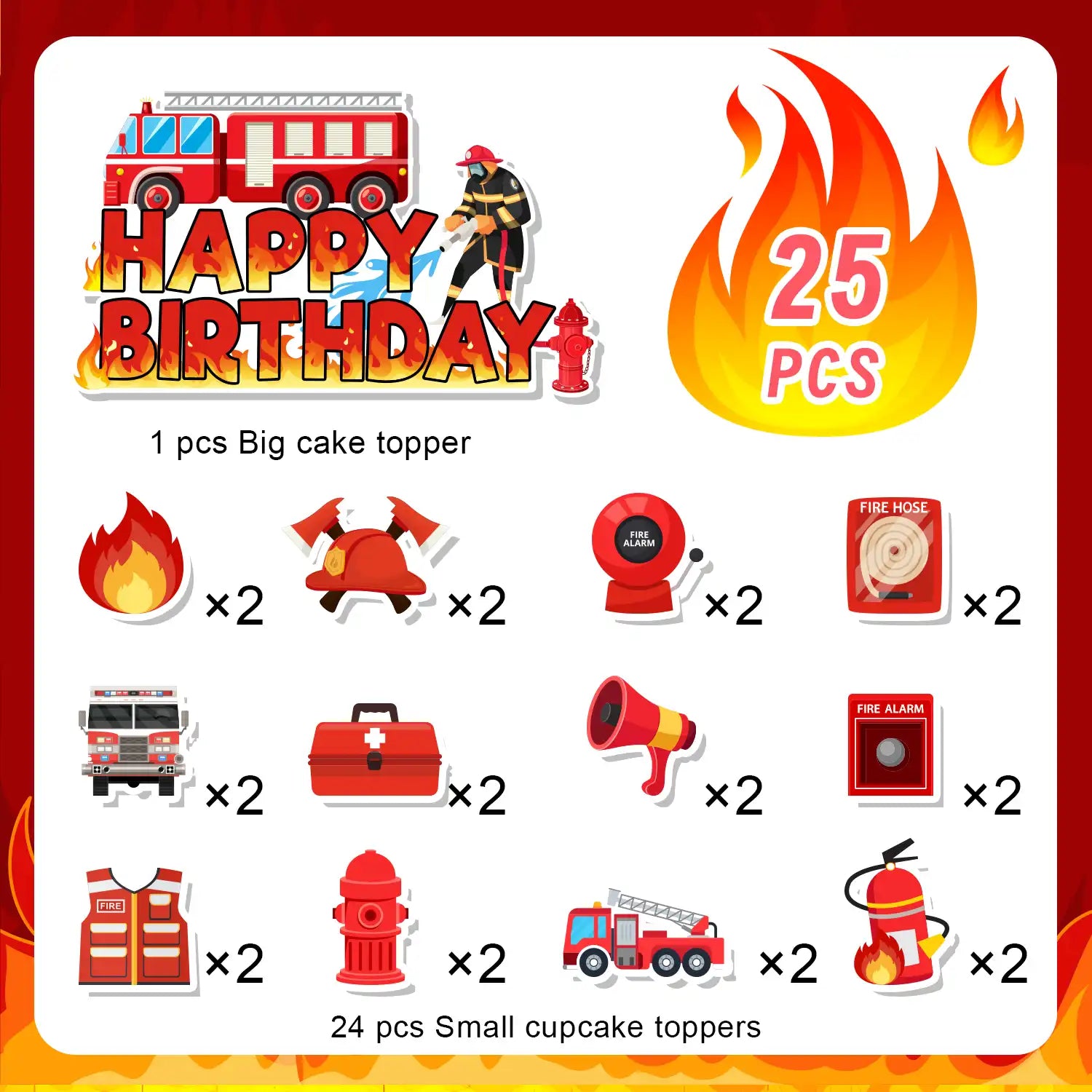 Firefighter Cake Topper, 25 Pcs Firefighter Birthday Cake Topper Set - Firefighter Party Cupcake Toppers & Firetruck Cake Toppers for Firefighter Party Decorations & Fire Truck Birthday Decorations