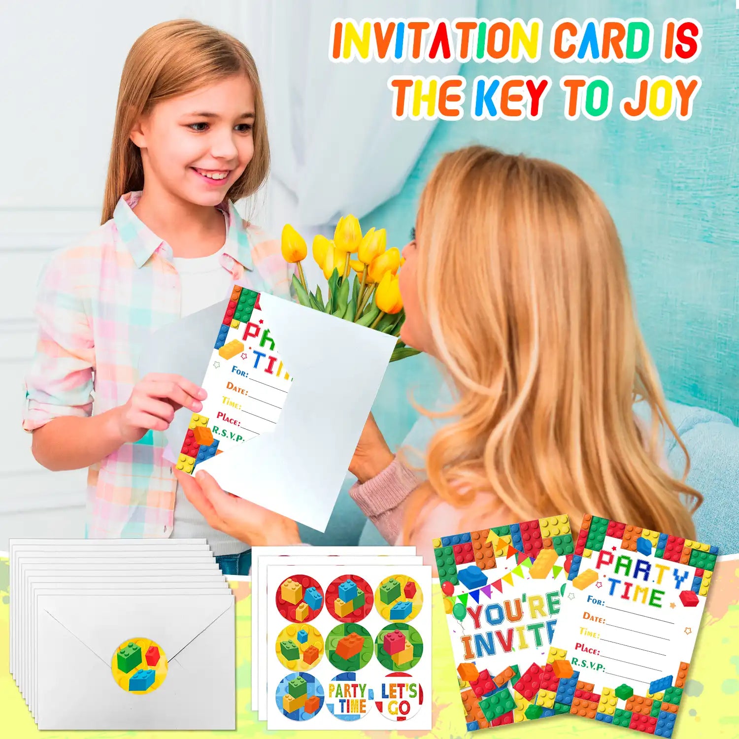 Building Blocks Birthday Party Invitations, Brick Party Invitation Card Building Birthday Invites with Stickers & Envelopes, Bricks Birthday Invites for Building Blocks Party Favors(24 Guests)