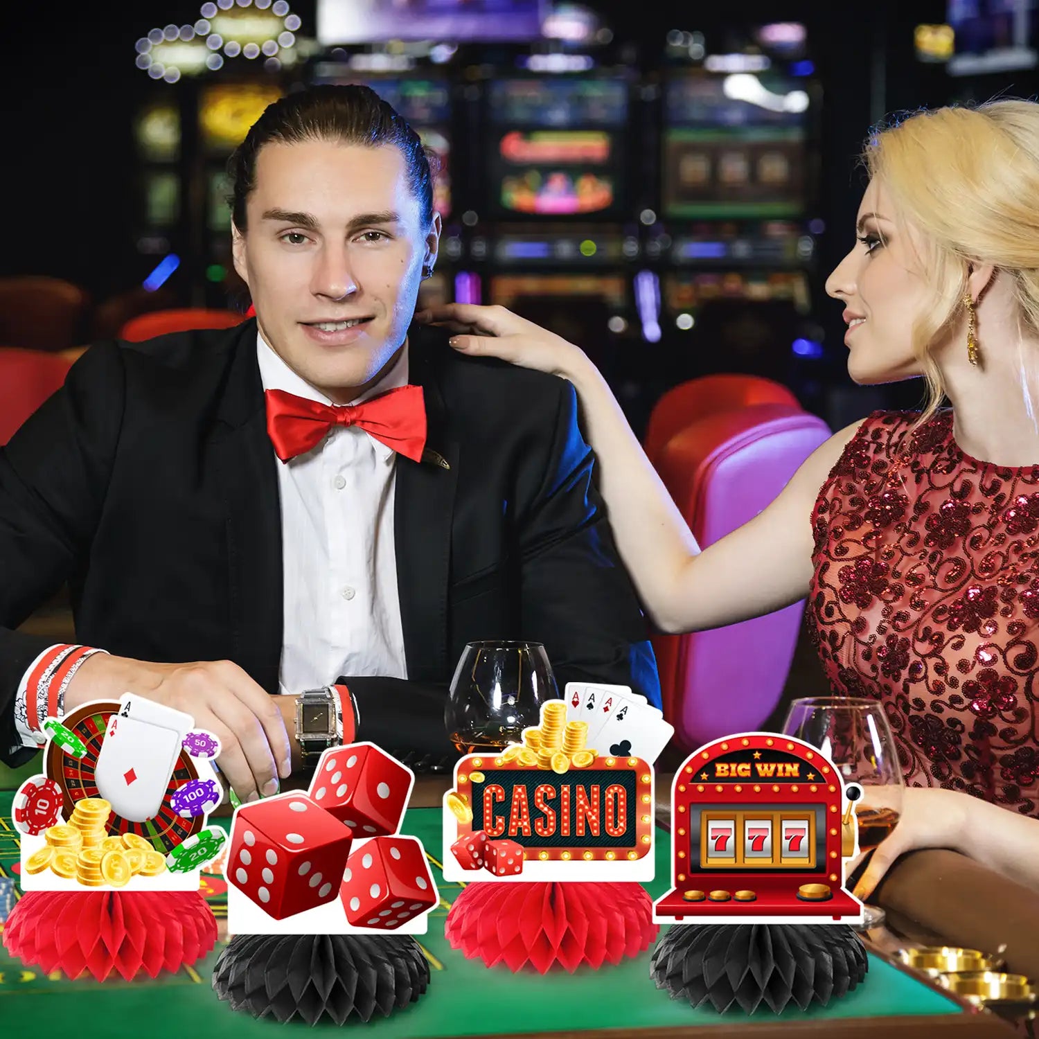 Casino Honeycomb Centerpieces, 9 Pcs Casino Theme Honeycomb Centerpieces & Casino Centerpiece Table Decorations for Casino Party Decorations & Las Vegas Party Decorations