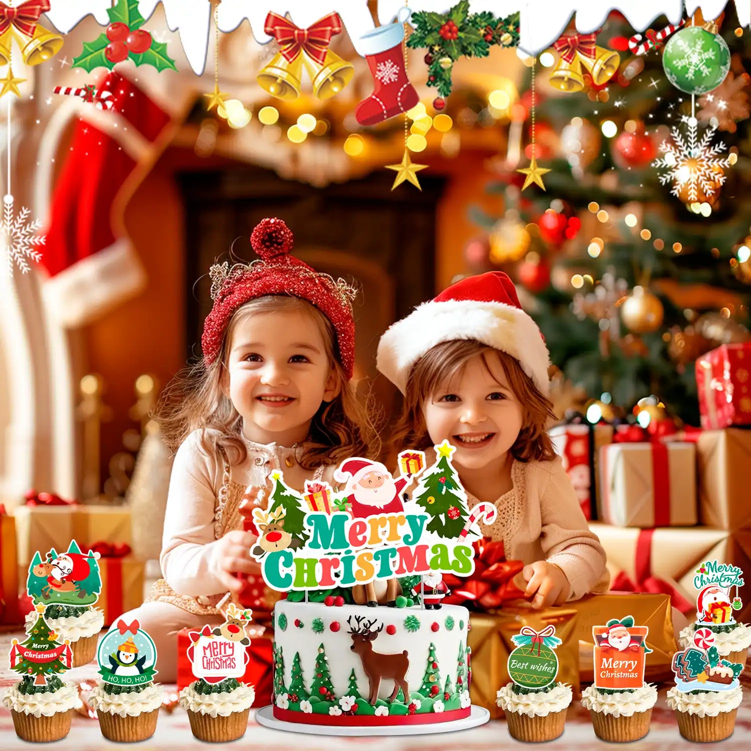 Christmas Cake Topper, 13 Pcs Christmas Cake Decorations Set- 12 Pcs Christmas Cupcake Toppers/Christmas Party Cup Cake Toppers & 1 Pcs Xmas Cake Toppers for Christmas Party Decorations Supplies