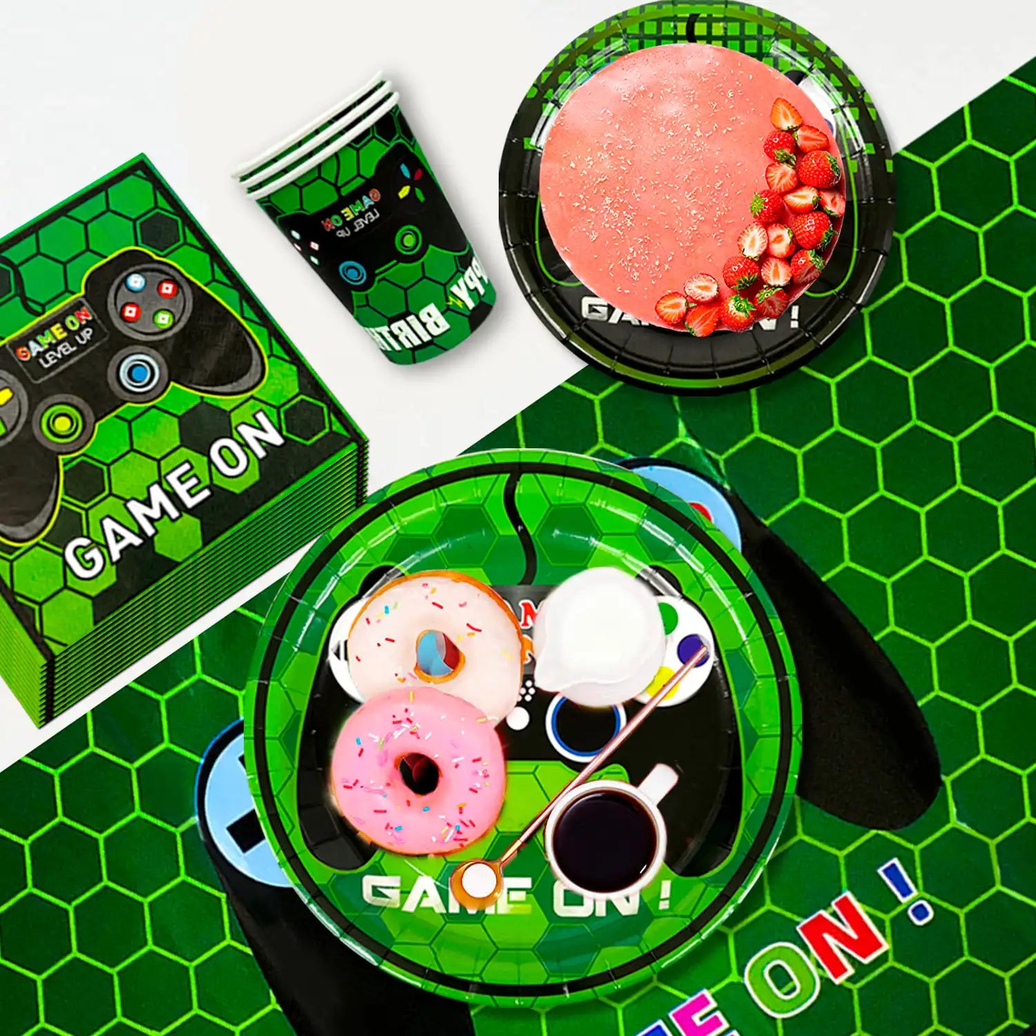 Gaming Birthday Party Supplies for Boys,132pcs Video Game Party Decorations&Tableware Set - Gaming Decorations Plates Cups Tablecloth Balloons Banner Cake Topper etc Game On Birthday Party Supplies