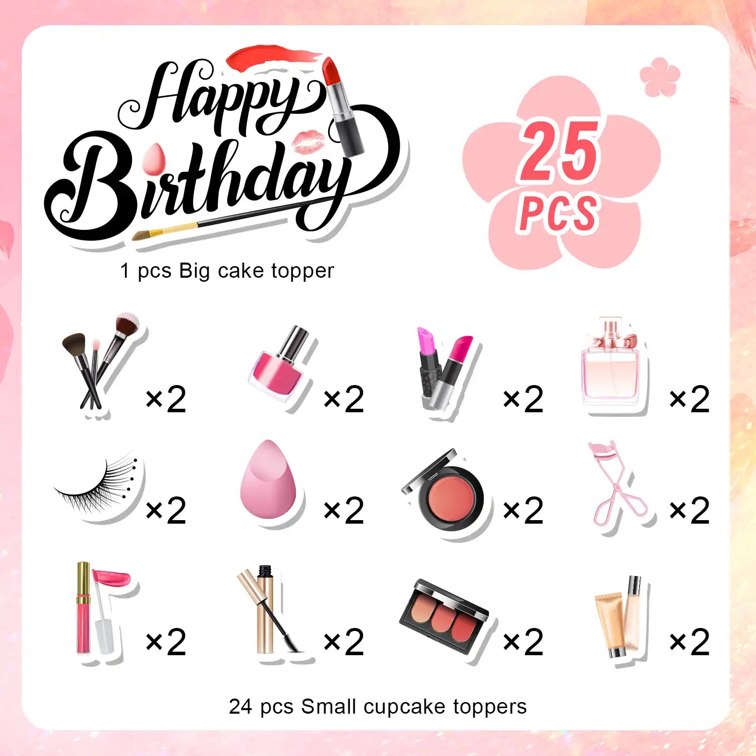 Makeup Cake Decorations, 24 Pcs Makeup Cupcake Toppers/Makeup Party Cupcake Toppers + 1 Pcs Makeup Theme Cake Toppers/Makeup Cake Topper for Makeup Birthday Party Decorations & Spa Party Decorations