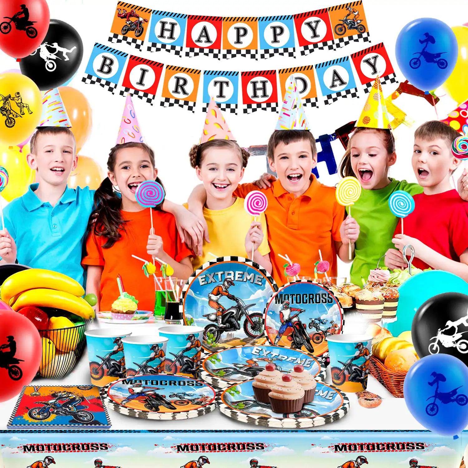Motorcycle Birthday Supplies, 54pcs Motorcycle Birthday Decorations&Motorcycle Theme Party Tableware Set- Dirt Bike Party Plates and Napkins Cups & Banner Balloon etc Motocross Party Supplies for Boys