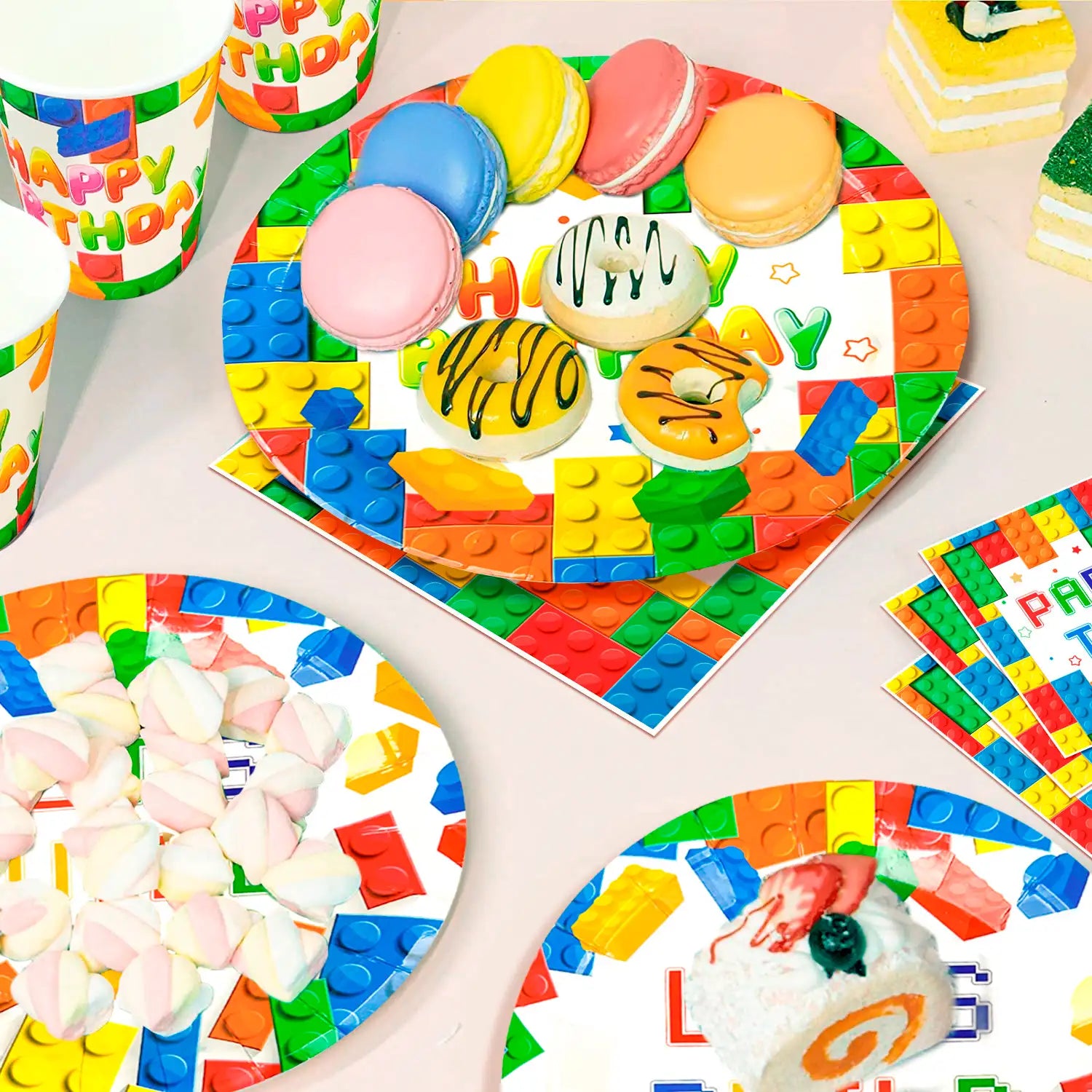 Building Block Birthday Party Supplies, 10 Guests Building Blocks Party Decorations & Tableware Set - Building Block Party Plates Tablecloth Banner Backdrop etc Building Blocks Themed Party Supplies