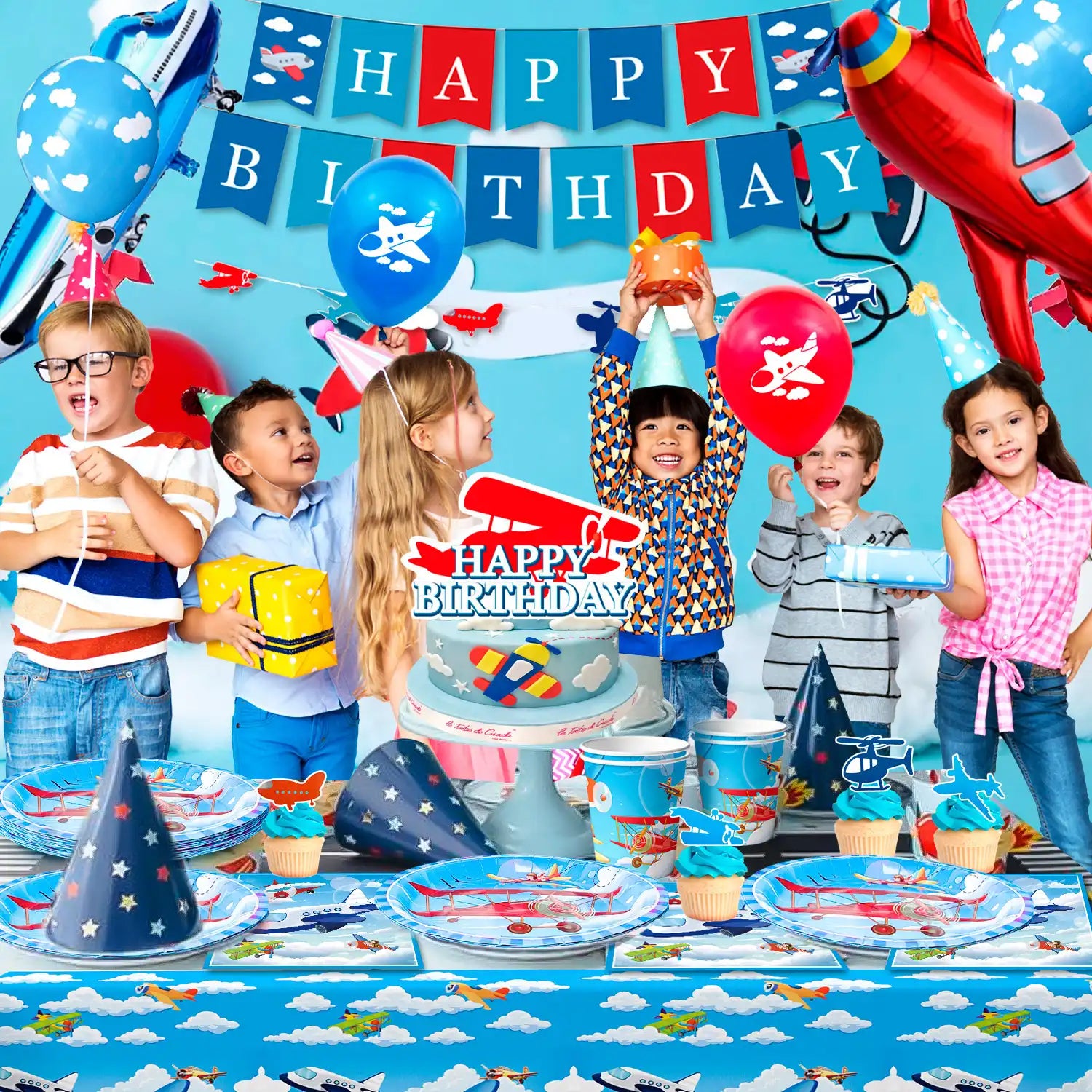 Airplane Birthday Party Decorations, 16 Guests Airplane Party decorations & Airplane Party Tableware set - Airplane Plates Napkins Cups Table Cloth Balloons Backdrop etc Airplane Birthday Party Supplies