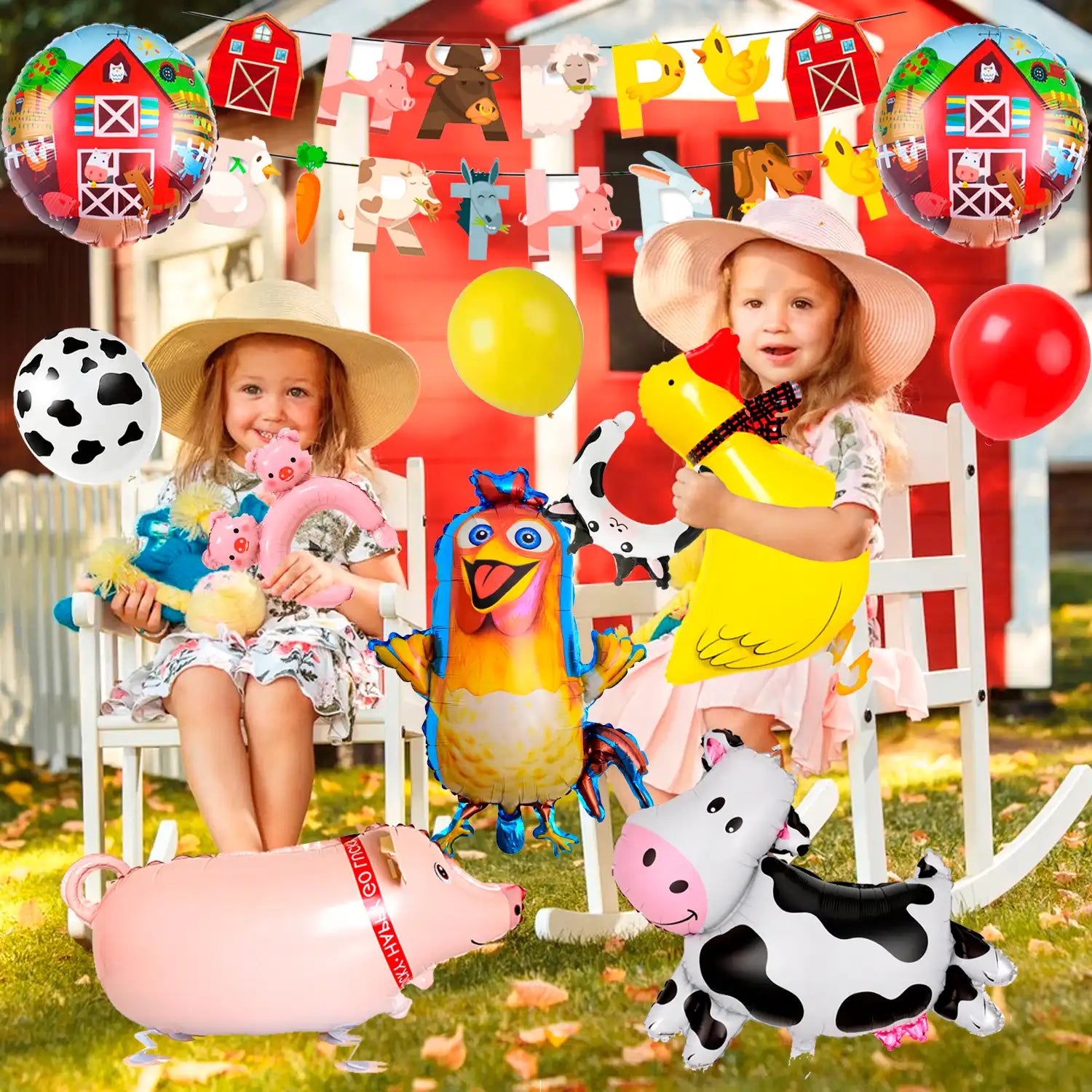 Farm Animal Birthday Decorations, 49pcs Farm Party Decorations Set Including Farm Animal Balloons Backdrop Cupcake Toppers Head Hoop etc Farm Birthday Decorations Supplies for Girls/Boys Kids