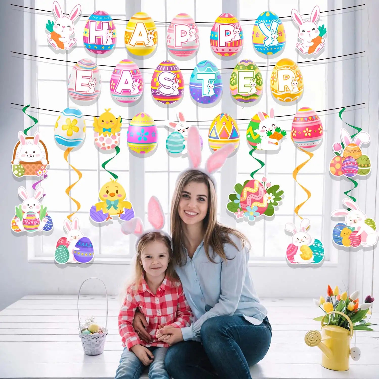 Easter Swirl Banner, 9Pcs Easter Hanging Party Decorations Set - Happy Easter Banner, Easter Hanging Decorations Banner Easter Egg Bunny Hanging Swirl for Home Office School Easter Party Decorations