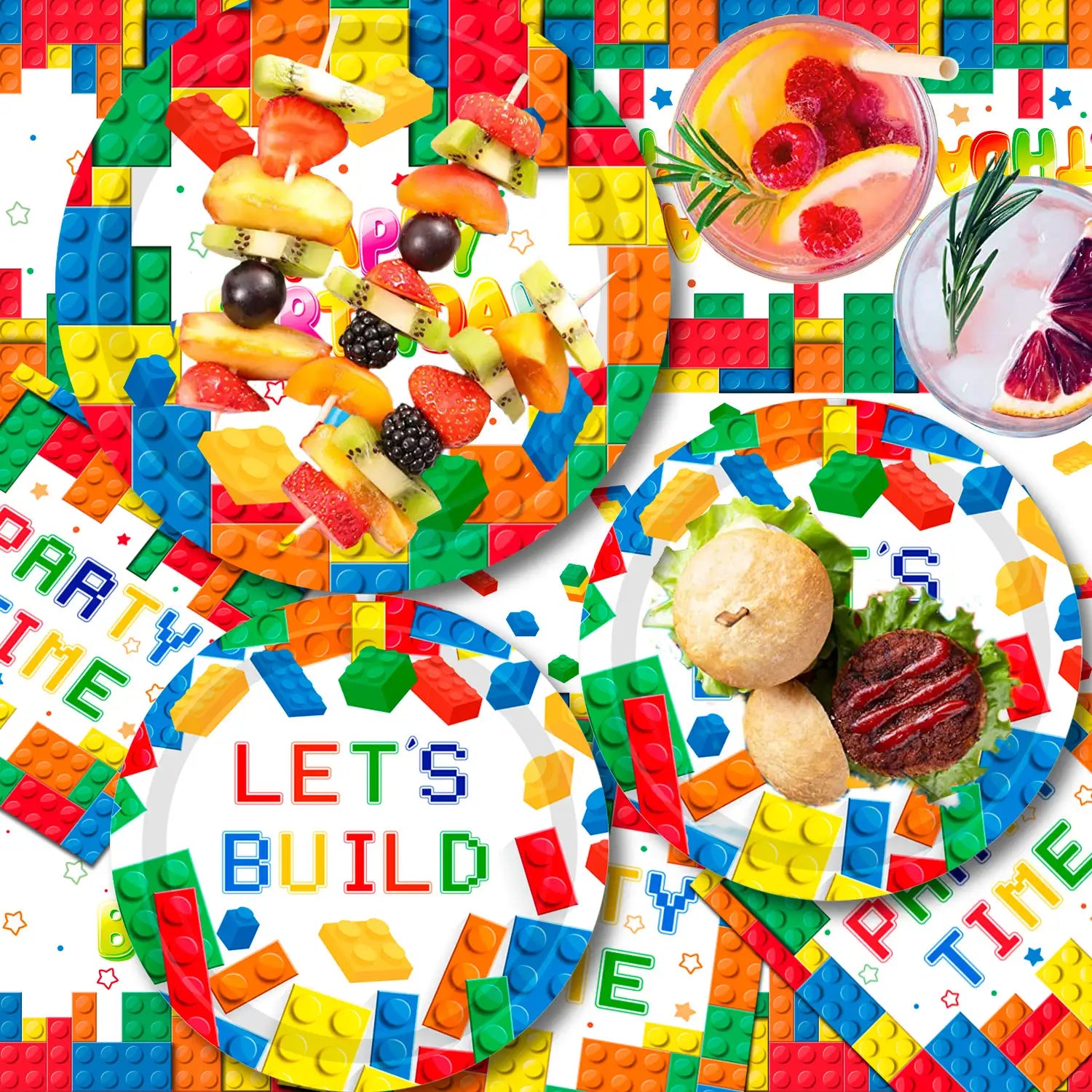 Building Blocks Birthday Party Supplies-16 Guests Building Blocks Party Tableware set-Building Block Party Plates Napkins Tablecloth Banner etc Colorful Building Block Party Supplies for kids Boys/Girls