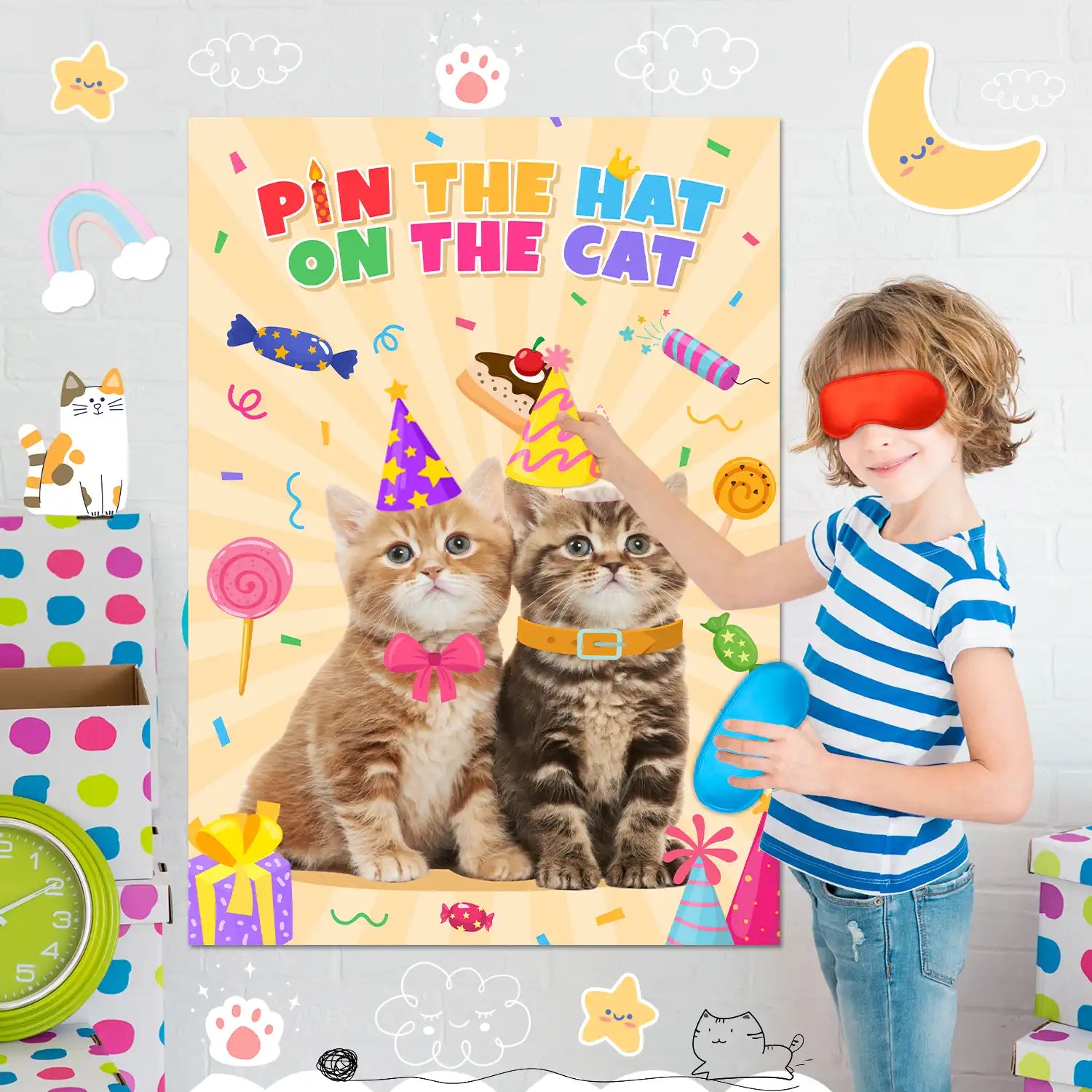 Pin The Hat on The Cat Party Games, 7 Pcs Cat Birthday Party Games Kit - Cat Games Poster, Cat Party Games Blindfold & Cat Birthday Hat Stickers etc Cat Birthday Decorations Supplies