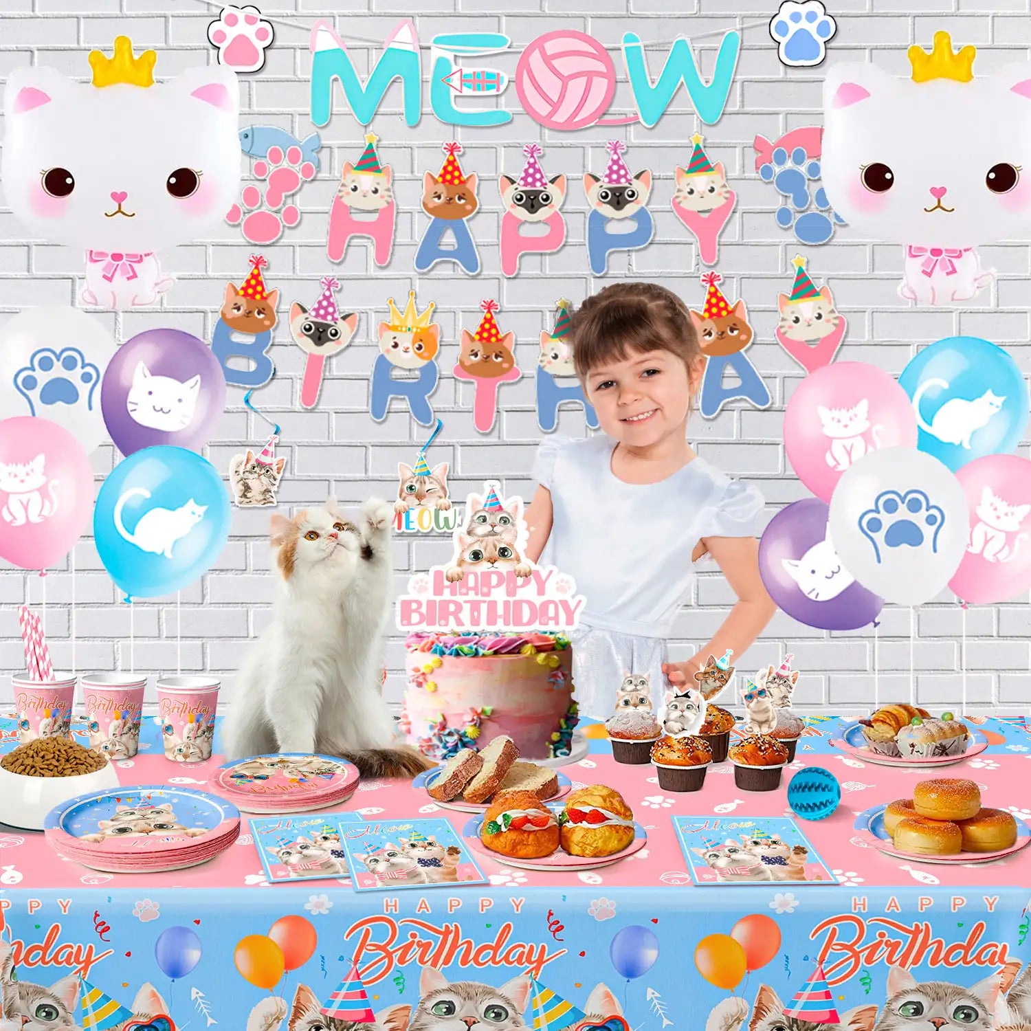 Cat Birthday Party Supplies, 16 Guests Cat Party Decorations Set Includes Cat Birthday Decoration Balloons Banner Cake Topper And Cat Party Plates Cups Tablecloth ect Cat Themed Birthday Party Supplies