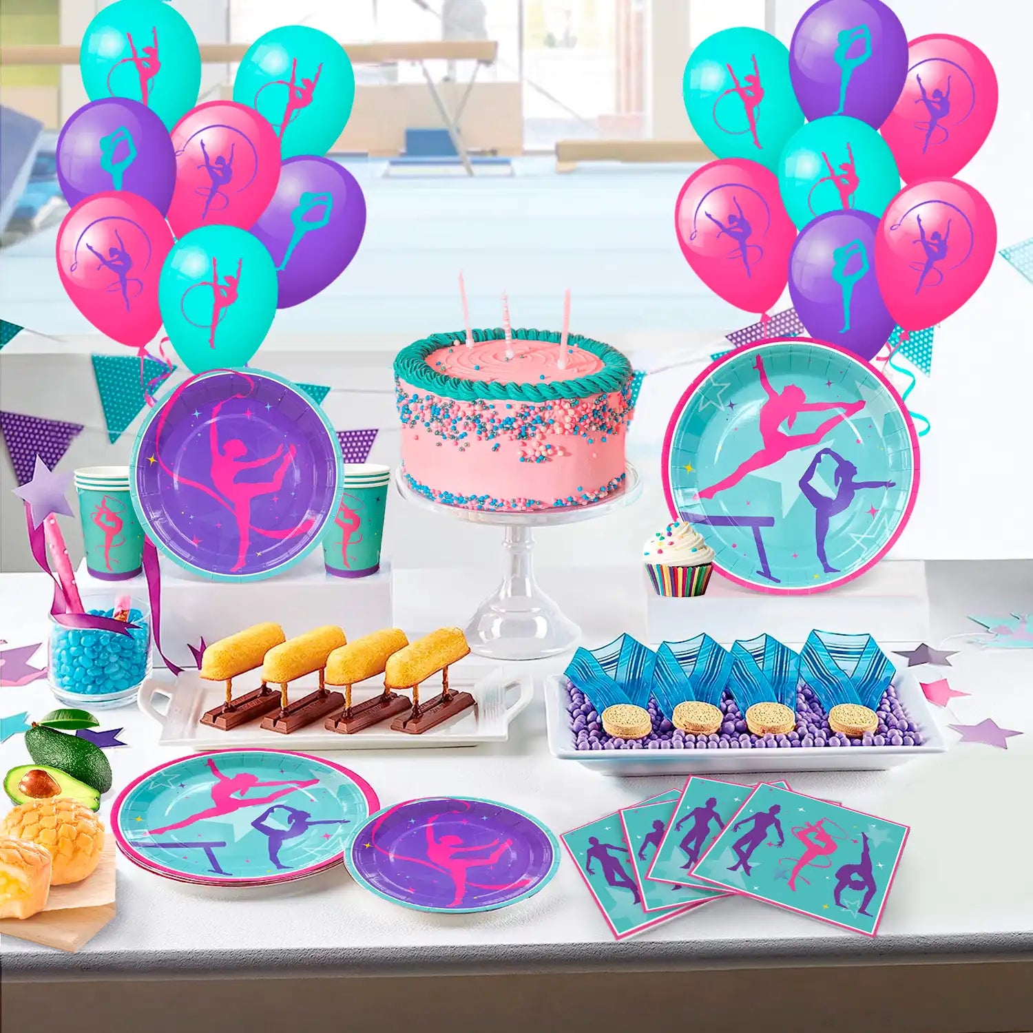 Gymnastics Birthday Party Supplies, 16 Guests Gymnastics Party Decorations&Tableware Kit - Gymnastics Plates and Napkins Cups Tablecloth Balloons Banner etc Gymnastics Decorations for Birthday Party