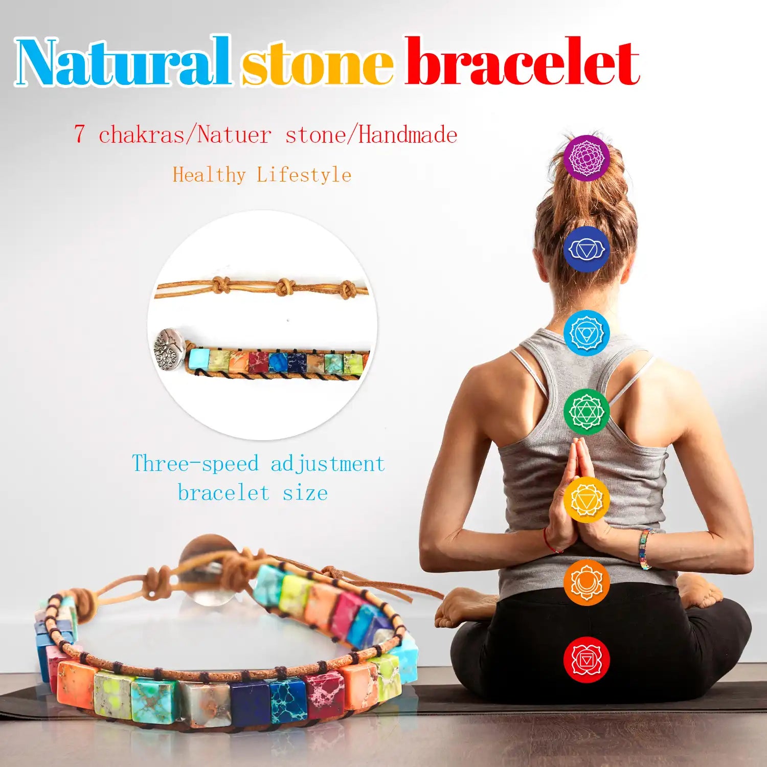 Boho Friendship Bracelet, 3 to 6 Inch Wrap Natural Stone Bracelet  (Square), Inspirational Gifts Bracelets Handmade Colorful Gemstone Jewelry, Adjustable Inspirational Bracelets for Women