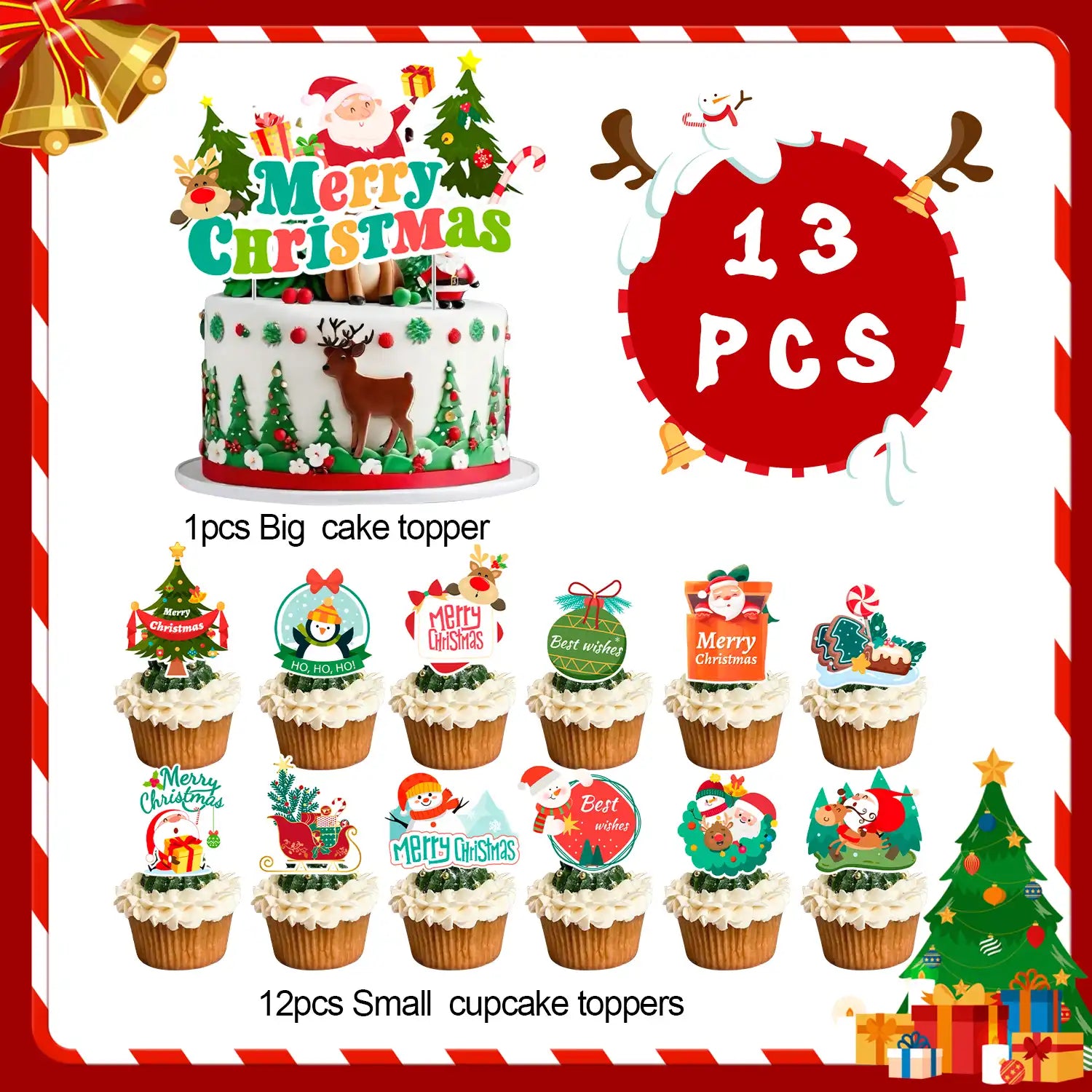 Christmas Cake Topper, 13 Pcs Christmas Cake Decorations Set- 12 Pcs Christmas Cupcake Toppers/Christmas Party Cup Cake Toppers & 1 Pcs Xmas Cake Toppers for Christmas Party Decorations Supplies