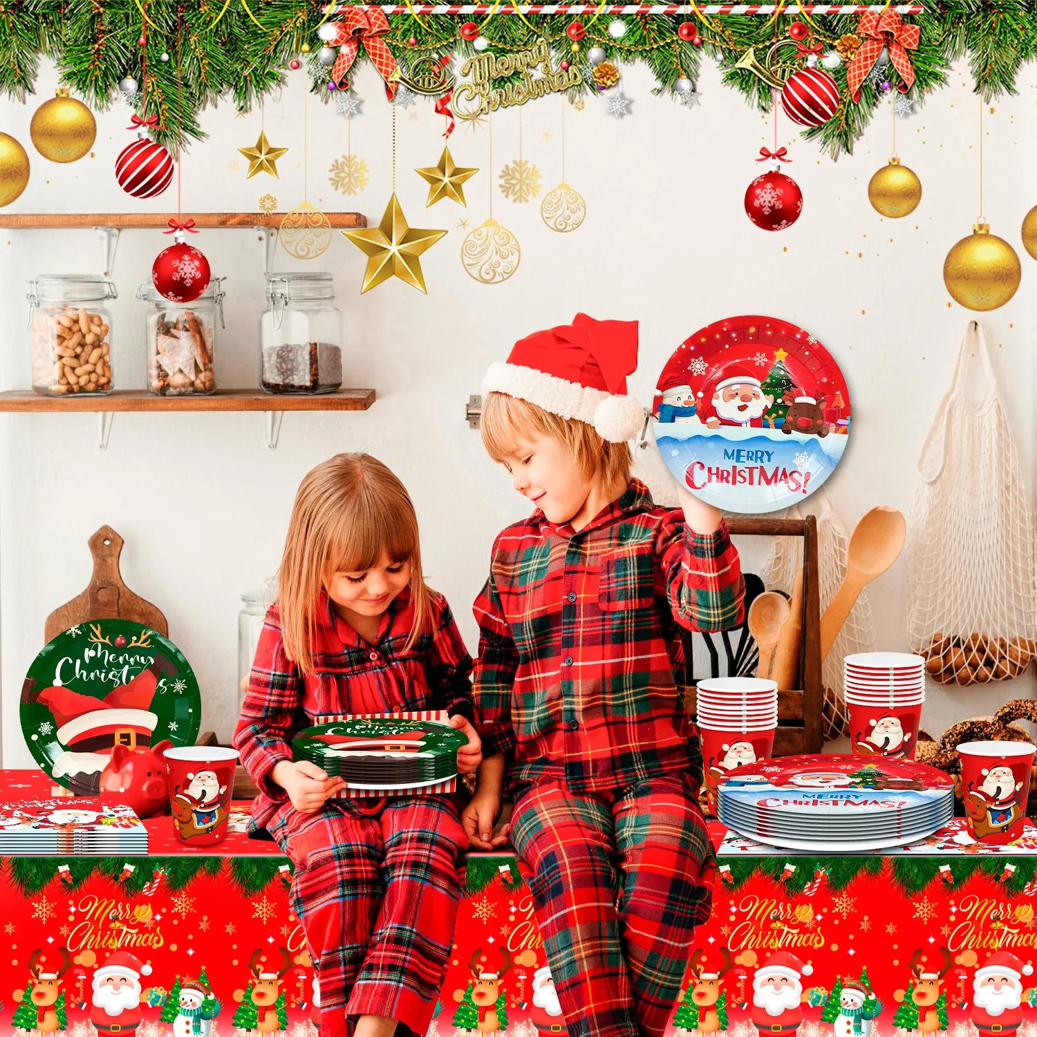 Christmas Tableware,65pcs Christmas Party Tableware Set Including Christmas Paper Plates and Napkins Cups and Christmas Tablecloth etc Xmas Party Tableware for Boys/Girls Christmas Party Supplies