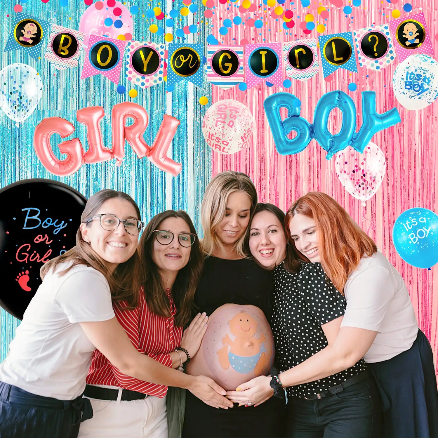 Baby Gender Reveal Party Supplies,118pcs gender reveal party decorations&Tableware Set-Gender Reveal Balloons,Boy or Girl Banner Balloons Plates Cups Tablecloth Fringe Curtains Photo Booth Props etc..