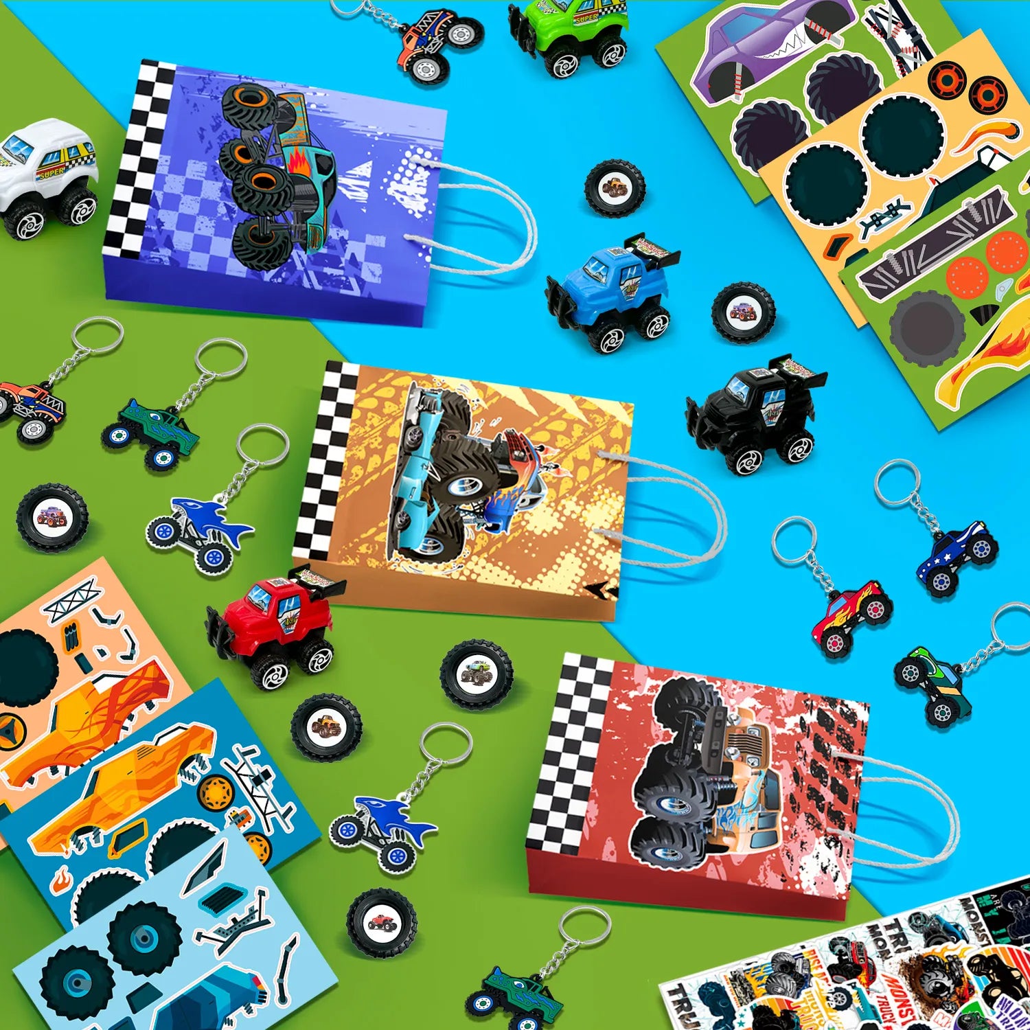 Monster Truck Favors, 110pcs All-In-One Mini Monster Trucks Party Favors Pack Including Monster Truck Theme Keychain Bags Stickers Toys Ring etc Monster Truck Birthday Party Favors for Boys Kids