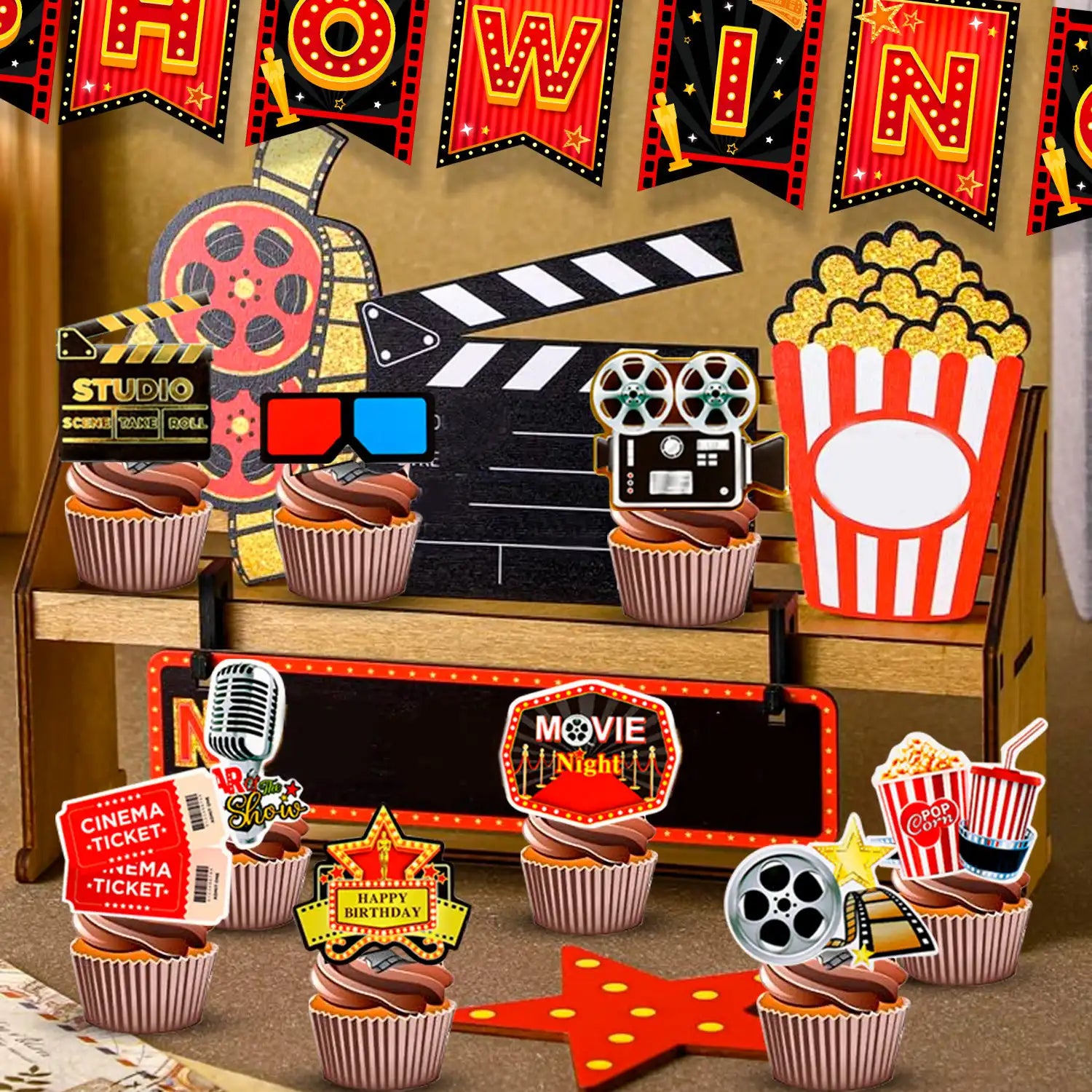 Movie Night Party Decorations, 84 Pcs Movie Night Party Supplies - Movie Night Party Balloons Backdrop Tablecloth & Movie Night Happy Birthday Banner etc Movie Night Birthday Party Decorations