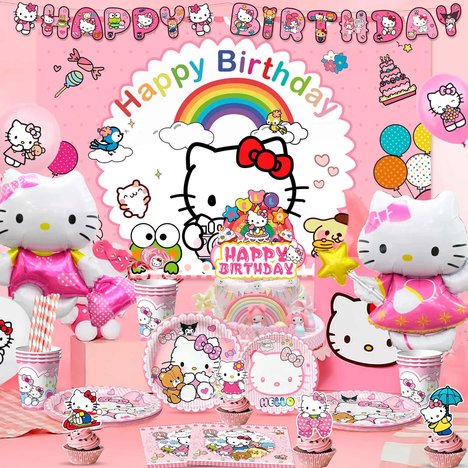 Hello Kitty Birthday Decorations,84pcs Hello Kitty Party Decorations & Hello Kitty Party Tableware Set - Hello Kitty Party Plates Cups Napkins Backdrop Balloon Banner etc Hello Kitty Party Supplies