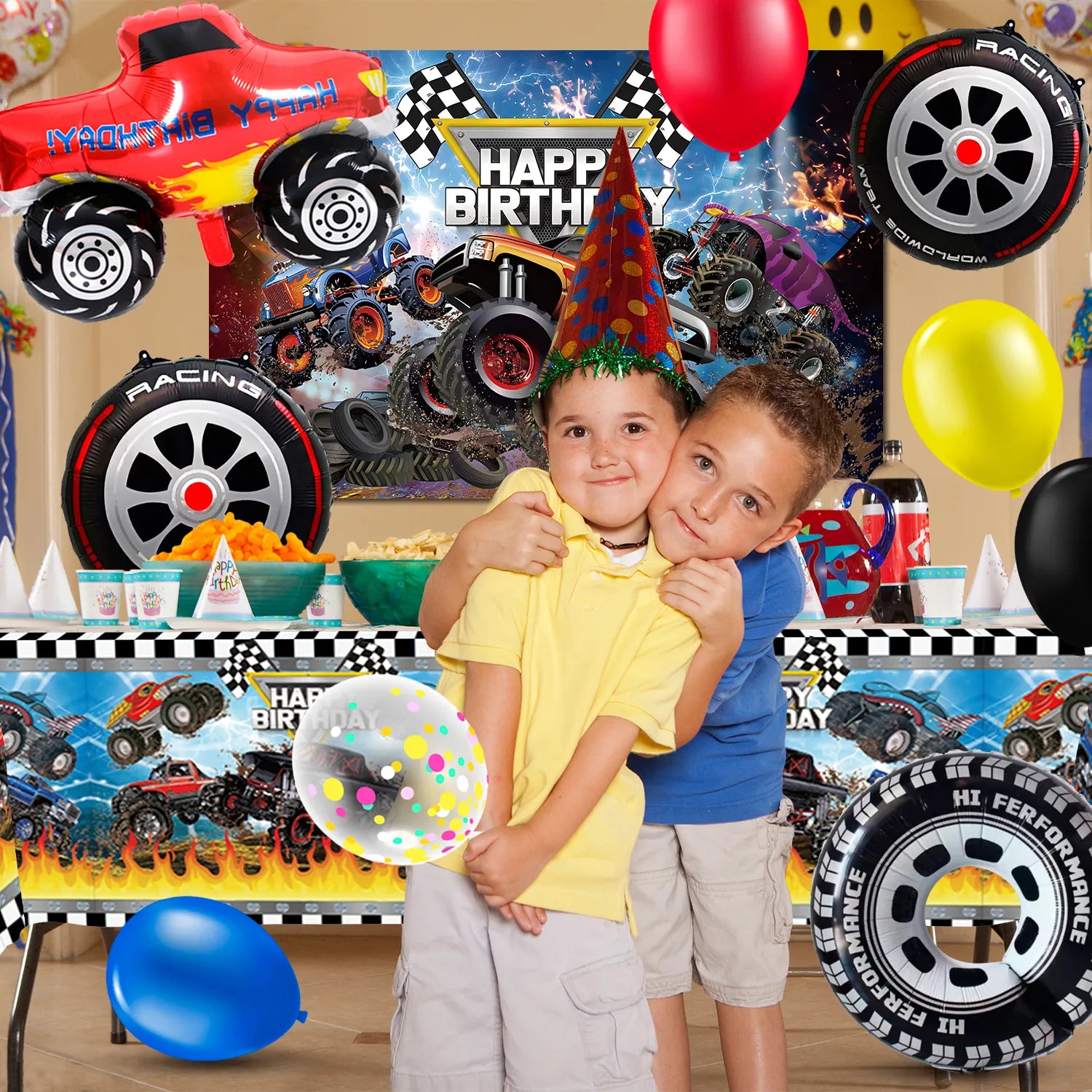 Big Tire Truck Party Supplies, 26 Pcs Truck Birthday Decorations - Monster Truck Party Balloons and Truck Birthday Backdrop Tablecloth for Big Tire Truck Birthday Party Decorations