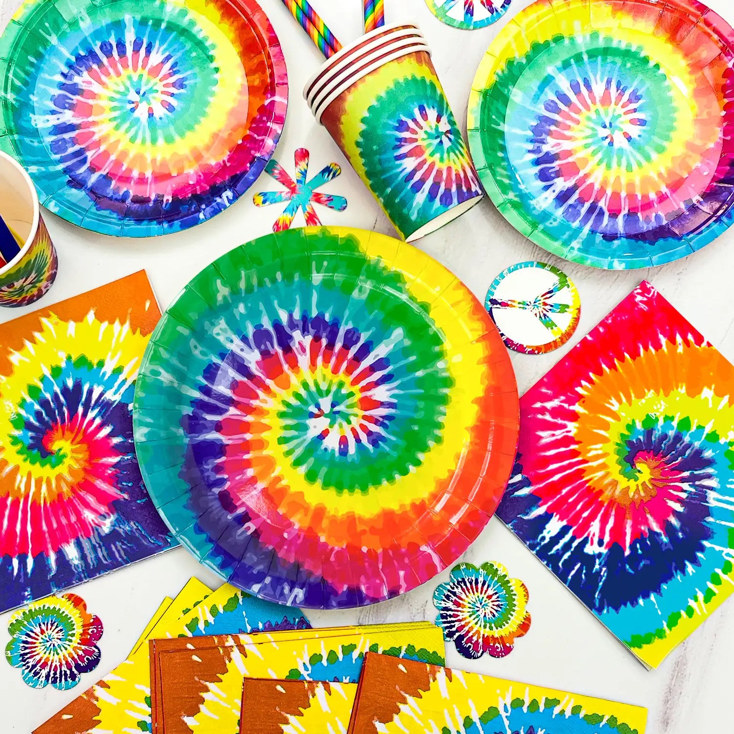 Tie Dye Birthday Party Supplies, 113pcs Tie Dye Party Tableware&Decorations Set - Tie Dye Paper Plates Cups Tablecloth Napkins Banner & Marble Balloons etc Tie Dye Party Decorations, Serves 16 Guests