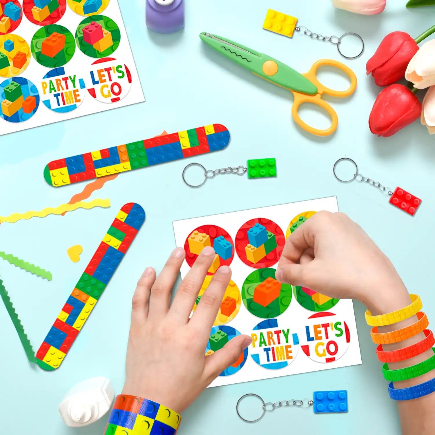 Building Block Birthday Party Favors, 12 Guests Building Blocks Party Favors Set- Building Block Favor Bags,Building Block Birthday Party Keychains Slap Bracelets etc Building Block Themed Party Favors