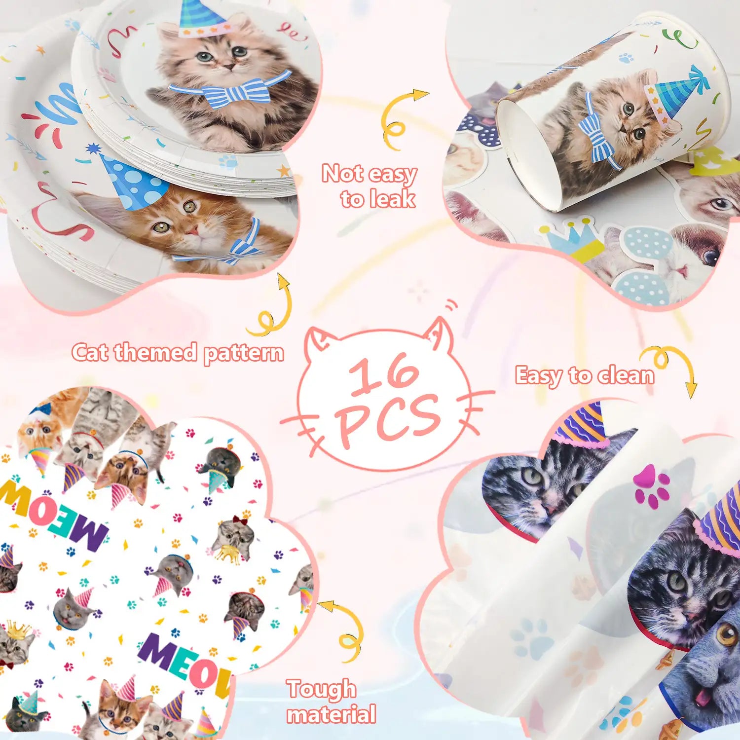 Cat Birthday Party Supplies, 16 Guests Cat Birthday Decorations & Cat Theme Tableware Set-Cat Party Plates Napkins Tablecloth&Cat Birthday Banner Balloons etc Cat Themed Birthday Party Supplies for Girls