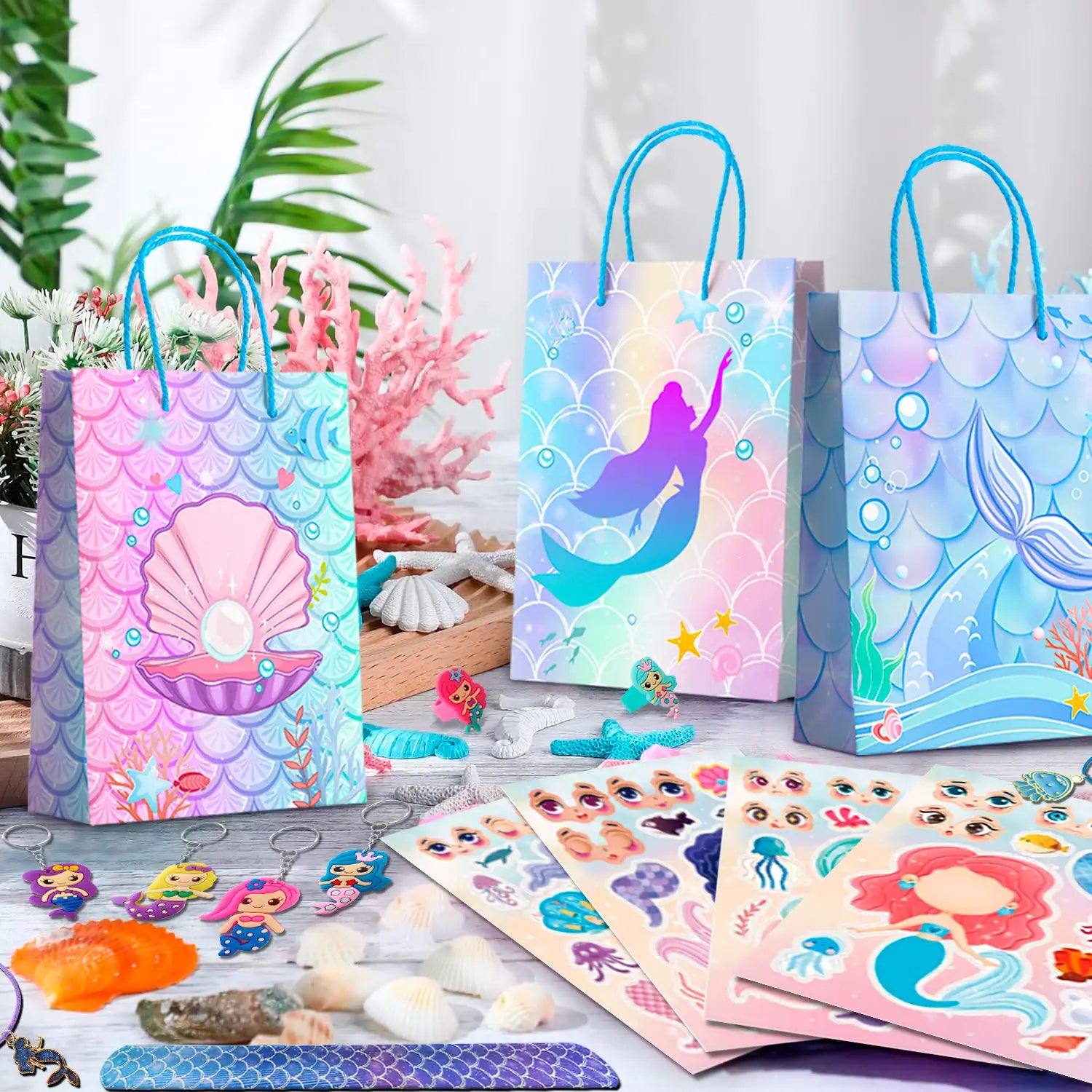84pcs Mermaid Party Favors for Boys and Girls with Mermaid Birthday Rings Keychain Slap Bracelets Bags Hair Clips Necklace etc Mermaid Birthday Party Favors for Mermaid Birthday Decorations Supplies