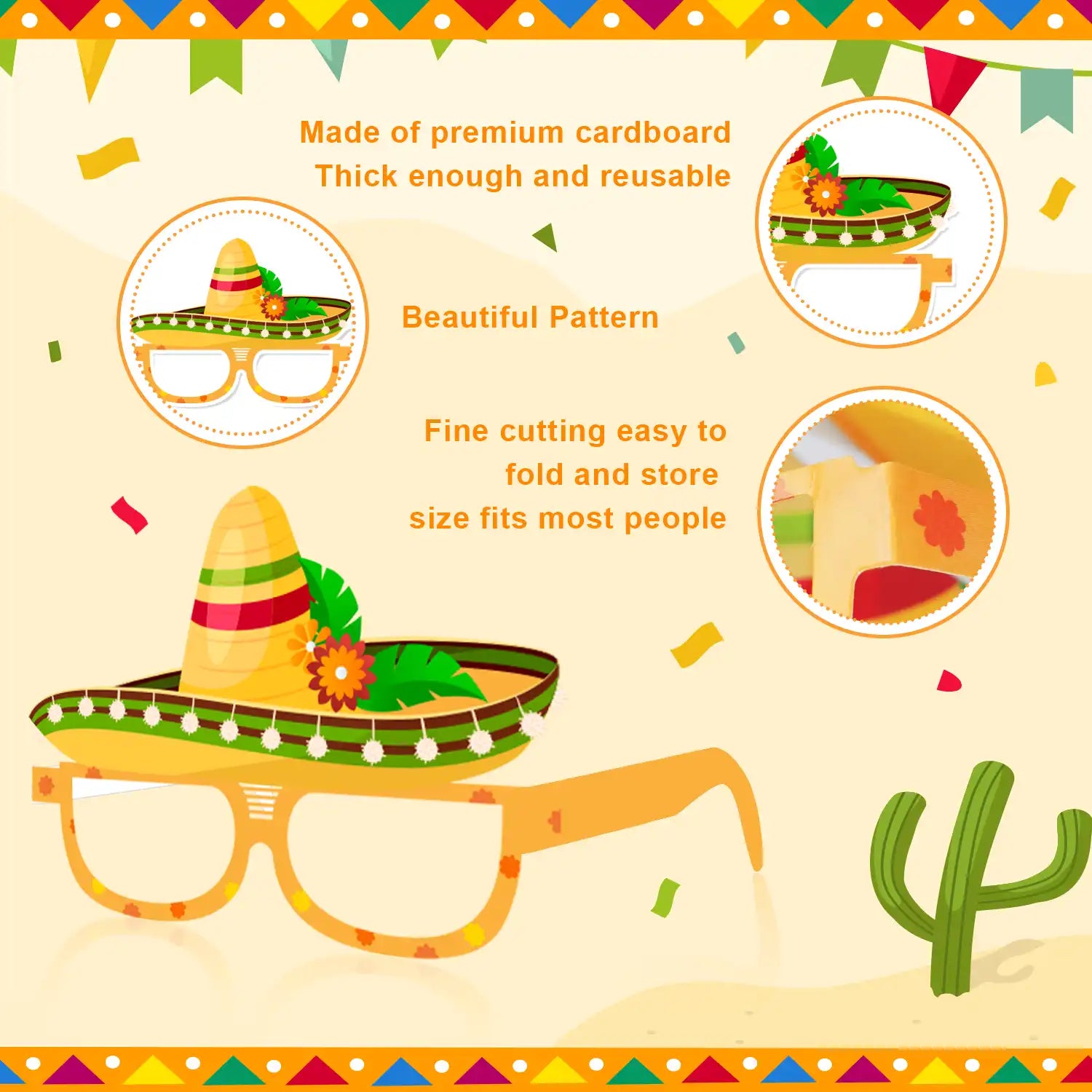 Mexican Fiesta Party Glasses, 36 Pcs Mexican Party Paper Glasses Set - Fiesta Paper Eyeglasses, Mexican Fiesta Eyeglasses & Cinco De Mayo Paper Glasses for Mexican Birthday Party Decorations