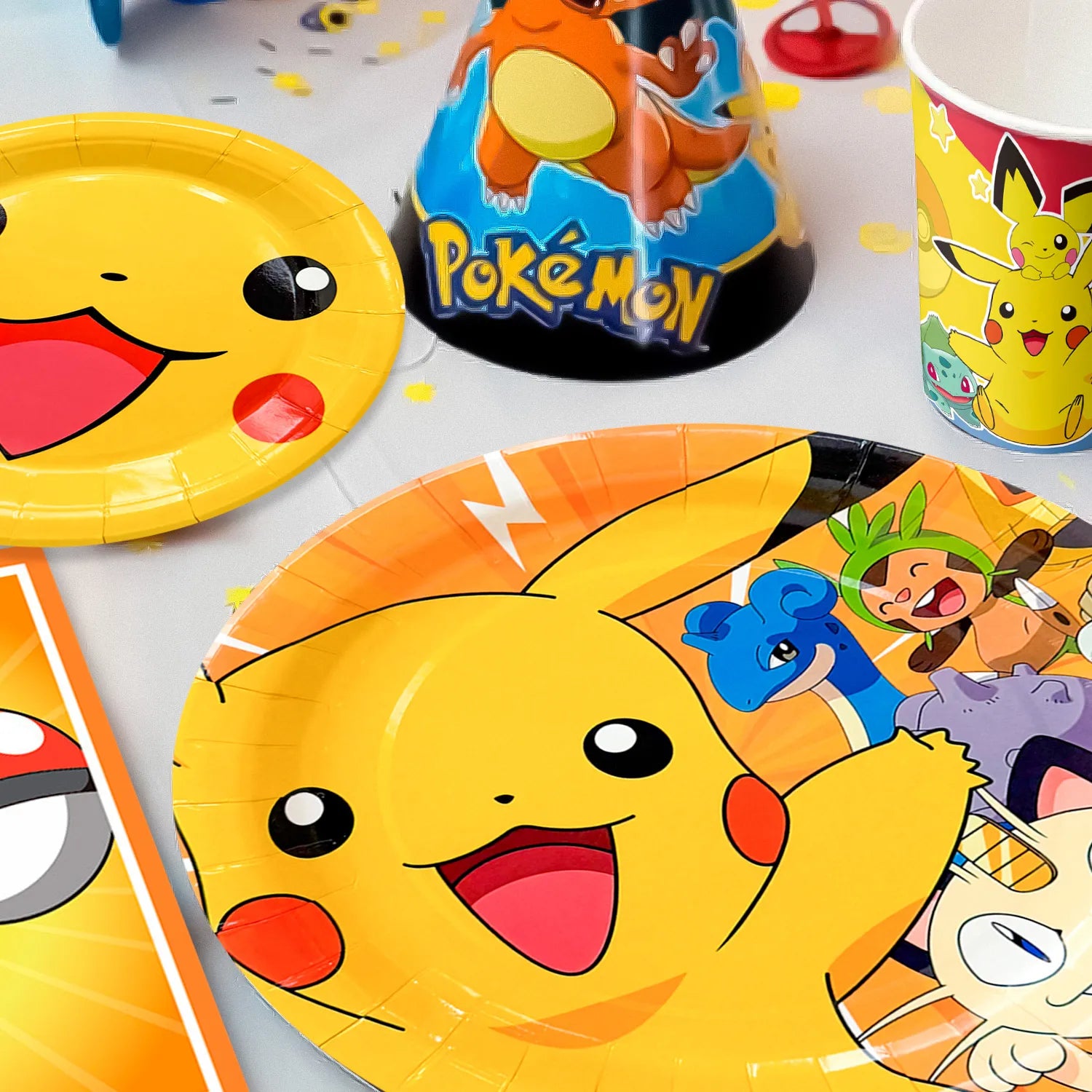 Pokemon Theme Birthday Party Decoration Tableware Set, 66Pcs Pokemon Party Supplies Tableware - Pokemon Table Cloth Banner Plates Napkins Cups for Pokemon Birthday Party Decorations