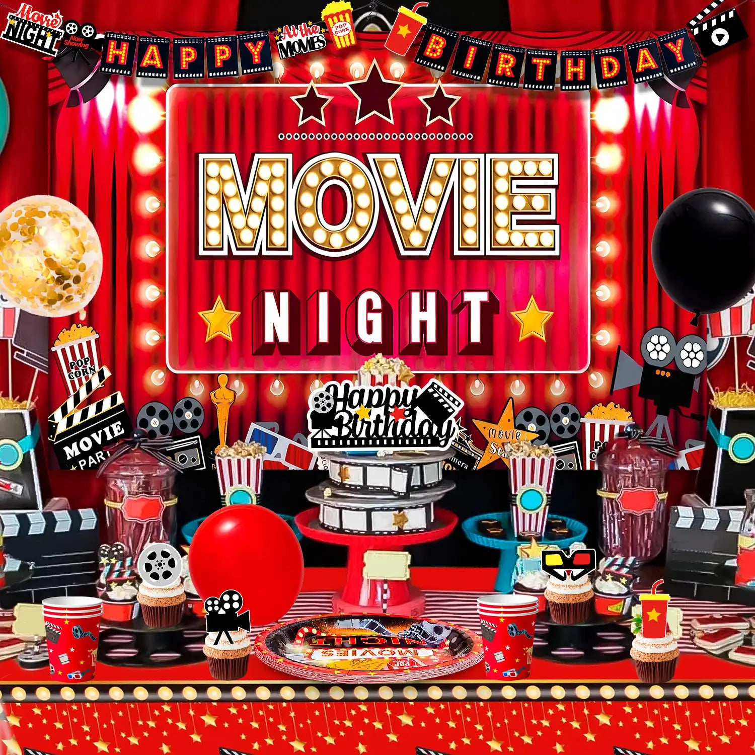 Movie Night Birthday Party Decorations, 10 Guests Movie Night Party Decorations and Tableware - Movie Night Plates Tablecloth Napkins&Movie Night Party Balloons Banner Backdrop etc Movie Night Decorations