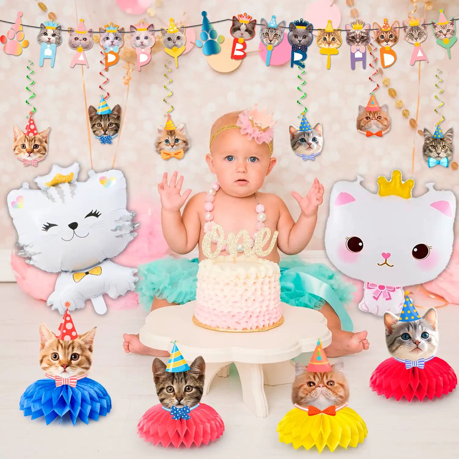 Cat Birthday Party Decorations, 27 Pcs Cat Birthday Decorations Set - Cat Themed Birthday Banner Balloon & Cat Swirl Decorations etc Cat Party Decorations for Cat Themed Birthday Party Supplies