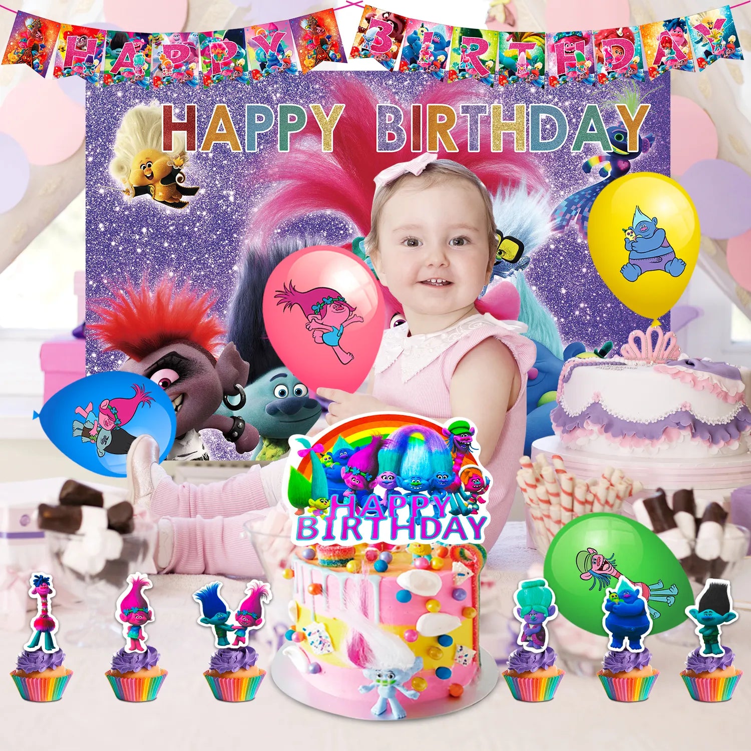 Trolls Birthday Party Decorations Supplies, 82 Pcs Trolls Band Together Party Supplies Include Trolls Cake Topper Balloons Banner Plates Napkins Cups etc Trolls Party Decorations, for Girls & Boys