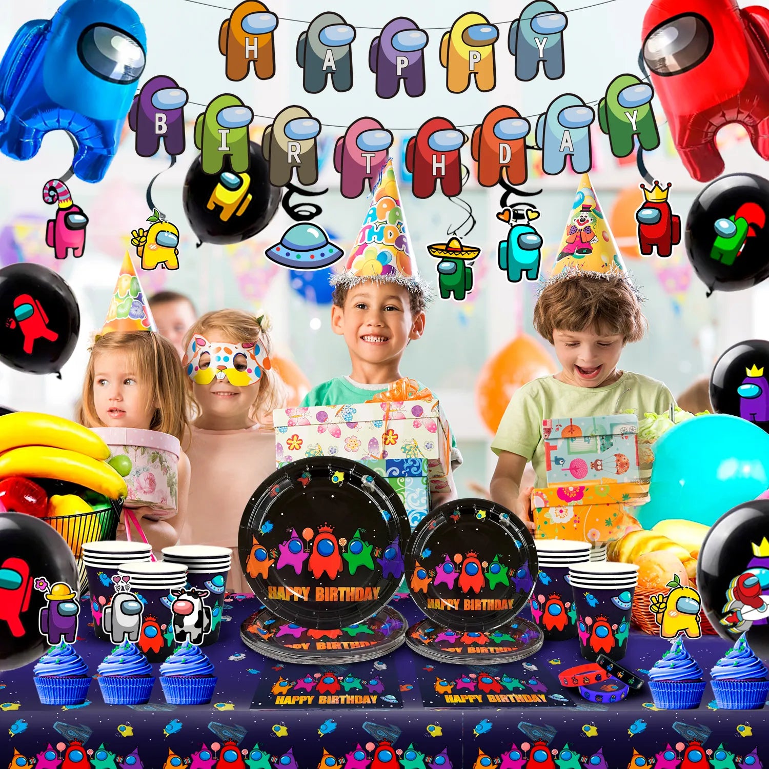 Among Us Birthday Decorations, 144pcs Among Us Party Decorations Tableware - Among Us Balloons Banner Tablecloth Paper Cups, Paper Tray, Napkins etc., Among Us Birthday Party for Boys