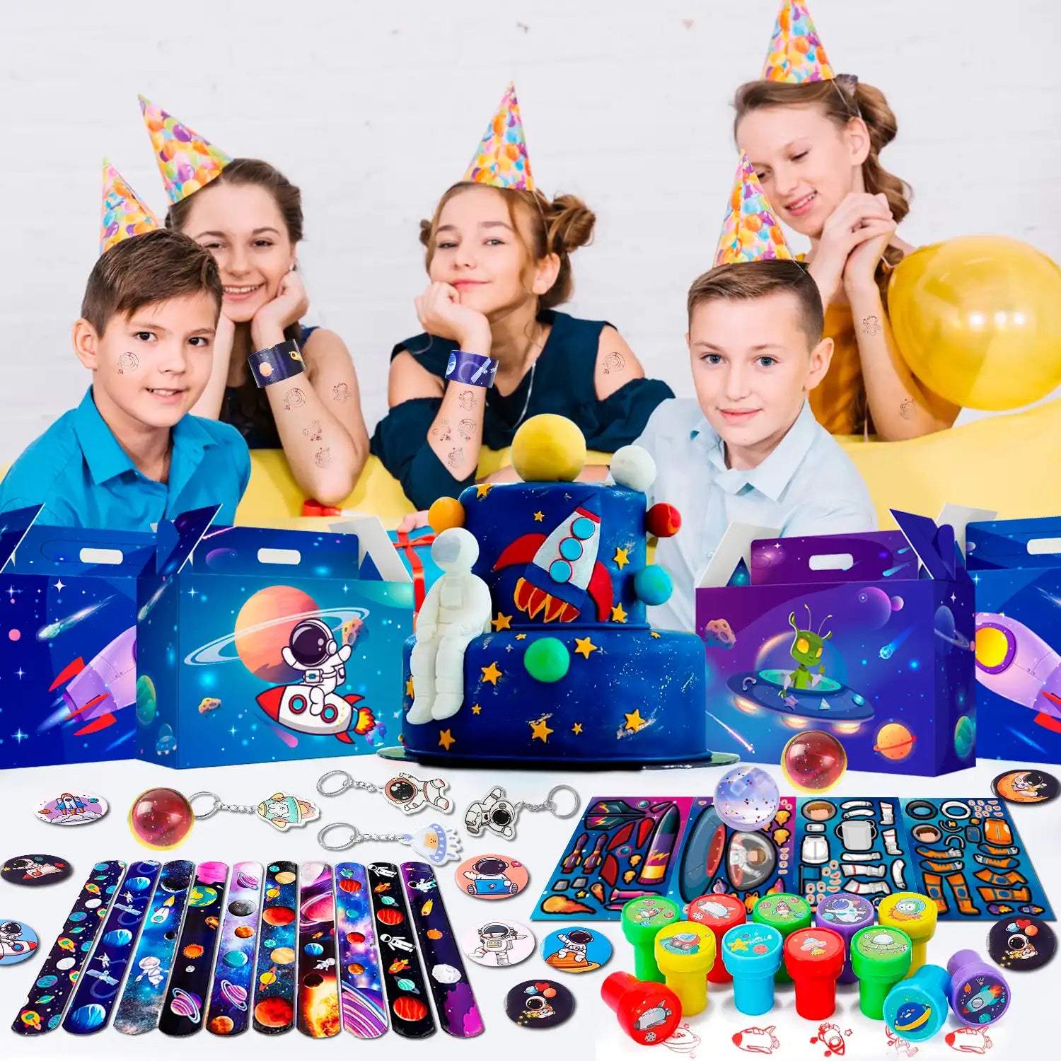 Space Party Favors - 70pcs Space Themed Party Favors, Space Birthday Decorations Includ Space Goodie Bags Stamp Slap Bracelet etc Space Birthday Party Favors for Space Themed Birthday Party Supplies