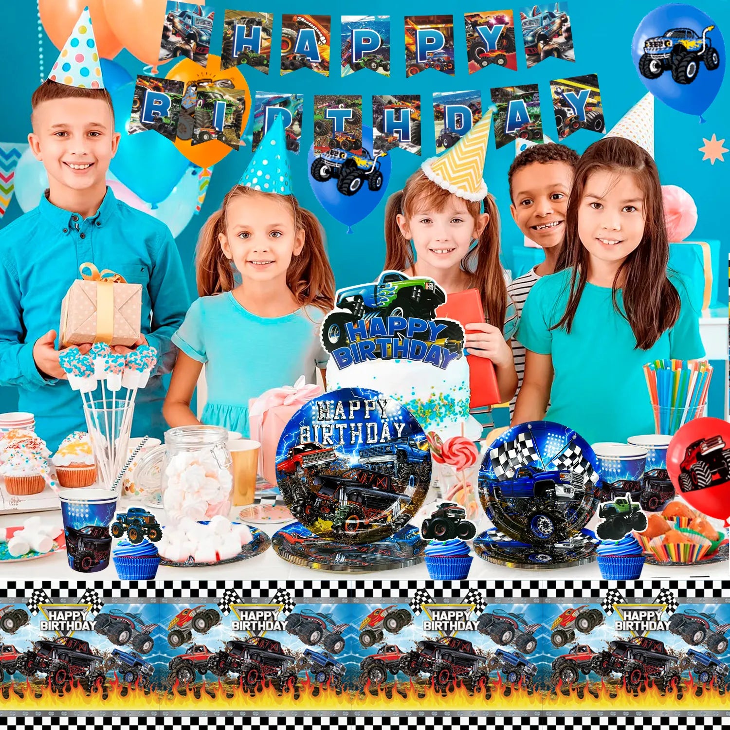 Monster Truck Birthday Party Supplies, 82pcs Monster Truck Birthday Decorations & Tableware Kit - Monster Truck Plates and Napkins Banner Backdrop etc Monster Truck Decorations for Birthday Party