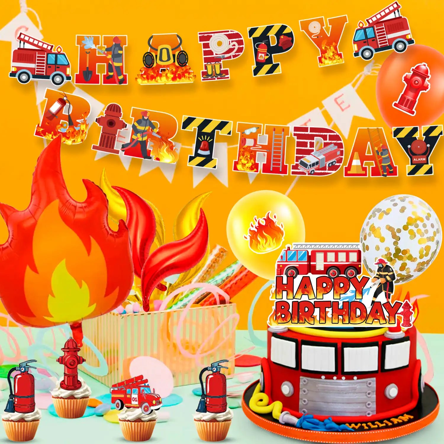 Fire Truck Party Decorations, 110 Pcs Firetruck Birthday Decorations - Fire Truck Party Balloons & Fire Truck Birthday Banner Cake Toppers Tablecloth etc Firefighter Birthday Party Decorations