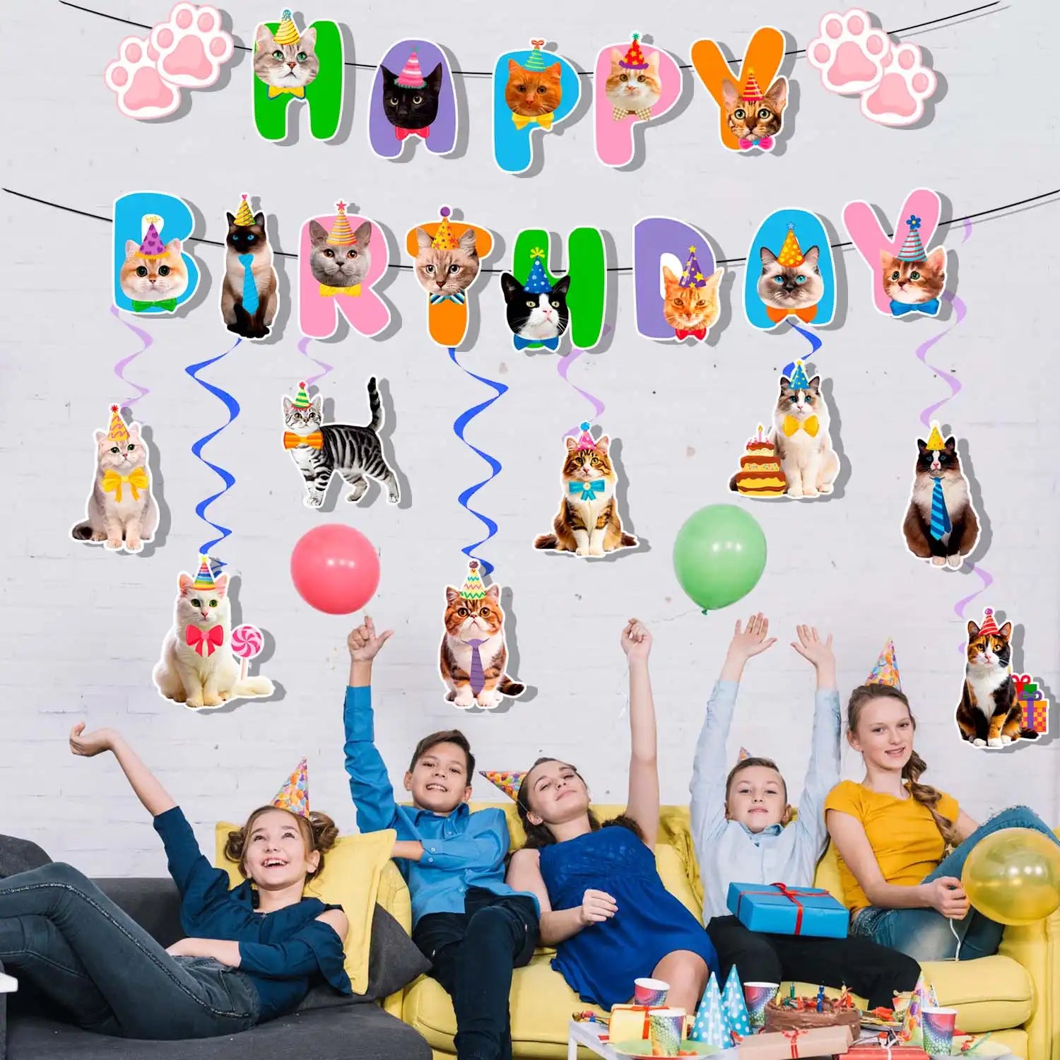 Cat Birthday Party Decorations, 9 Pcs Cat Birthday Decorations - Cat Themed Birthday Banner Balloon & Cat Swirl Decorations for Cat Themed Birthday Party Supplies