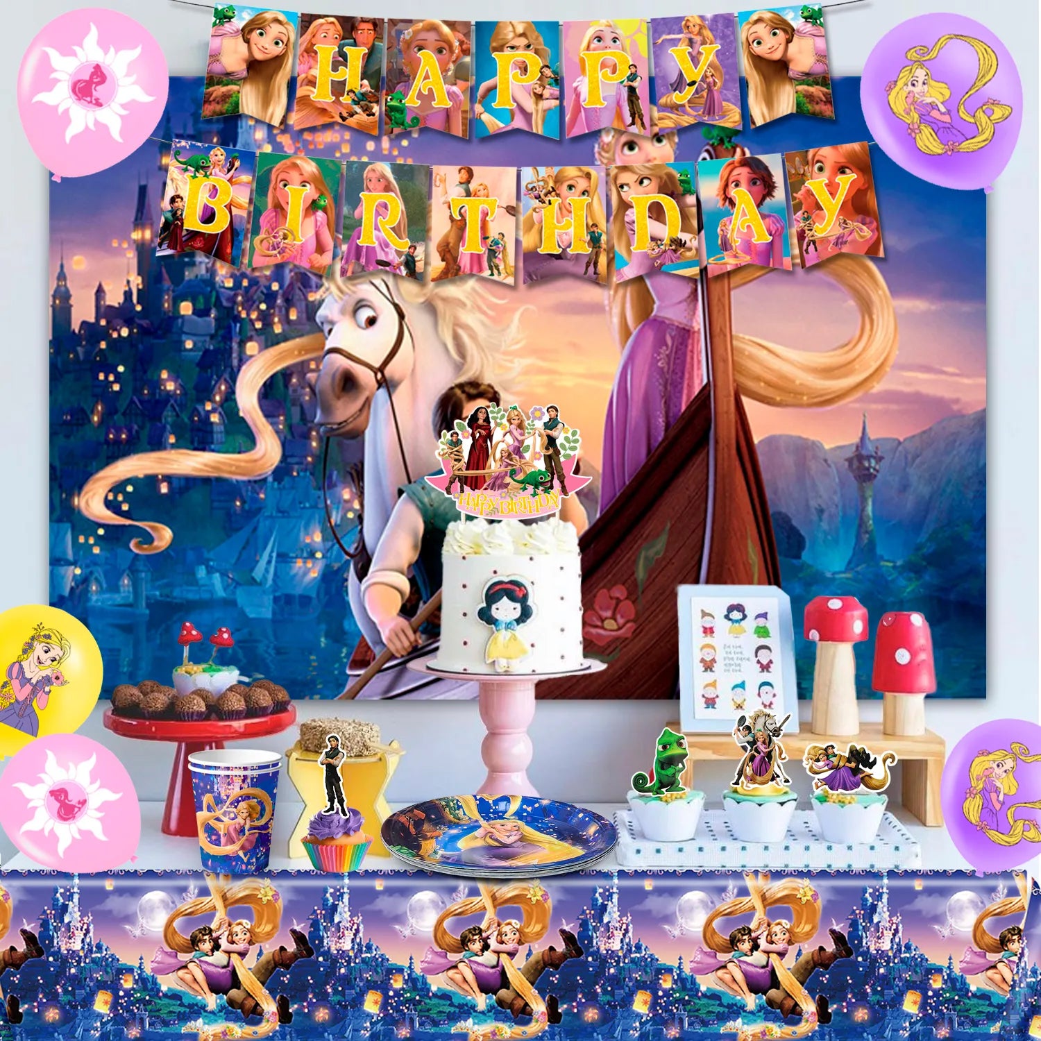 Rapunzel Birthday Decorations,82pcs Rapunzel Party Decorations & Rapunzel Tableware set- Rapunzel Birthday Plates Napkins & Rapunzel Balloons Banner Cake Topper etc Rapunzel Birthday Party Supplies