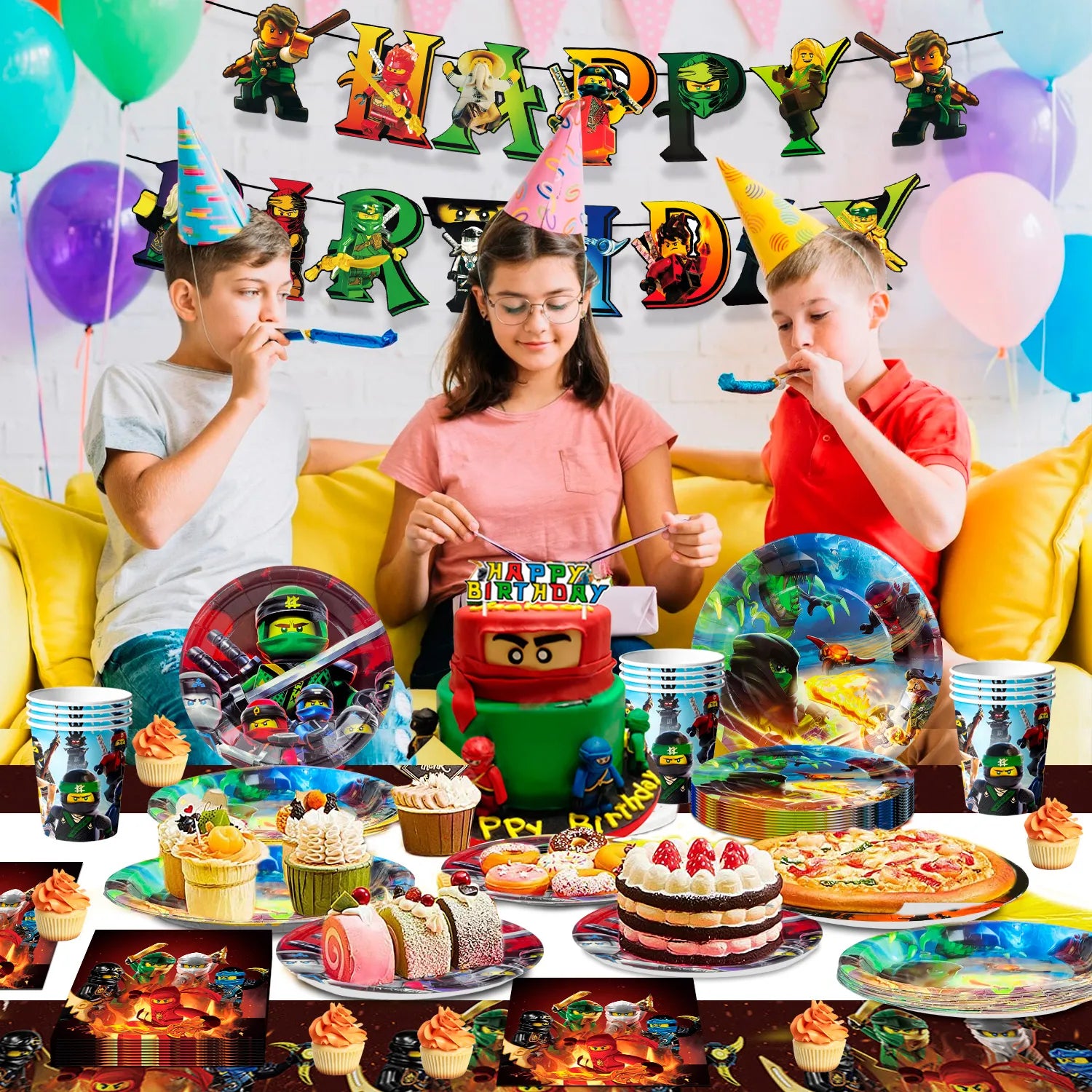 Ninja Birthday Party Decoration Tableware Set, 16-Person Ninja Party Supplies Tableware - Ninja Table Cloth Banner Plates Napkins Cups etc for Ninja Birthday Party Decorations Serves 16