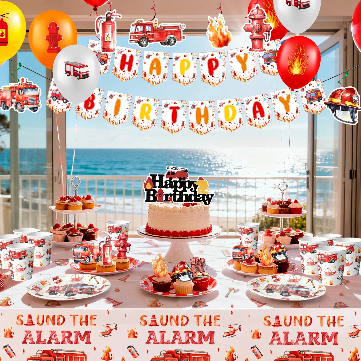 Fire Truck Birthday Party Supplies, 73pcs Firetruck Birthday Decorations & Tableware Set - Fire Truck Party Plates Cups & Fire Truck Cake Decorations Banner etc Firefighter Birthday Party Decorations