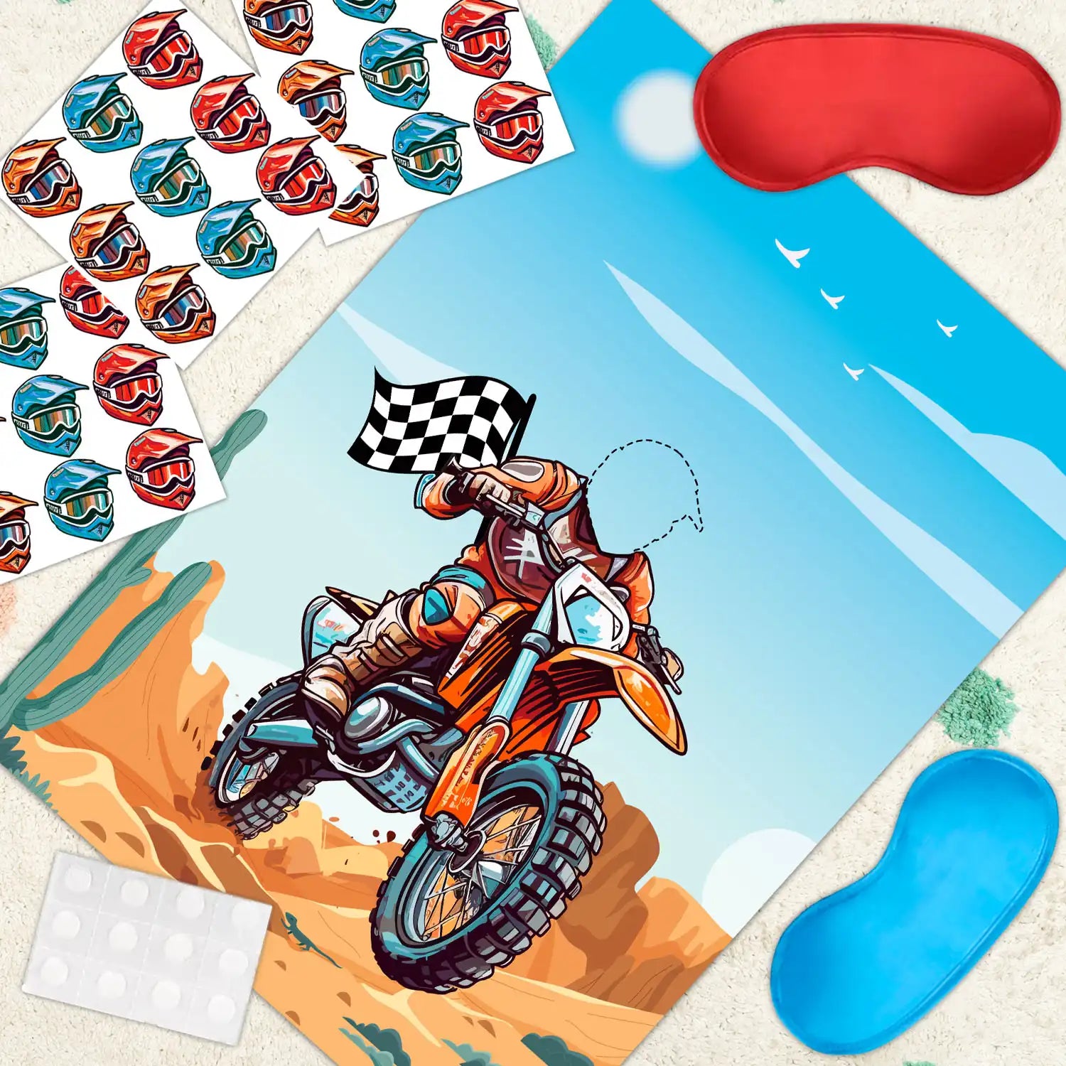 Dirt Bike Party Games, 7 Pcs Motocross Party Game Supplies - Motorcycle Pin Game Poster,  Helmets Dirt Bike Stickers & Motorcycle Games Blindfolds etc Dirt Bike Birthday Party Decorations Games