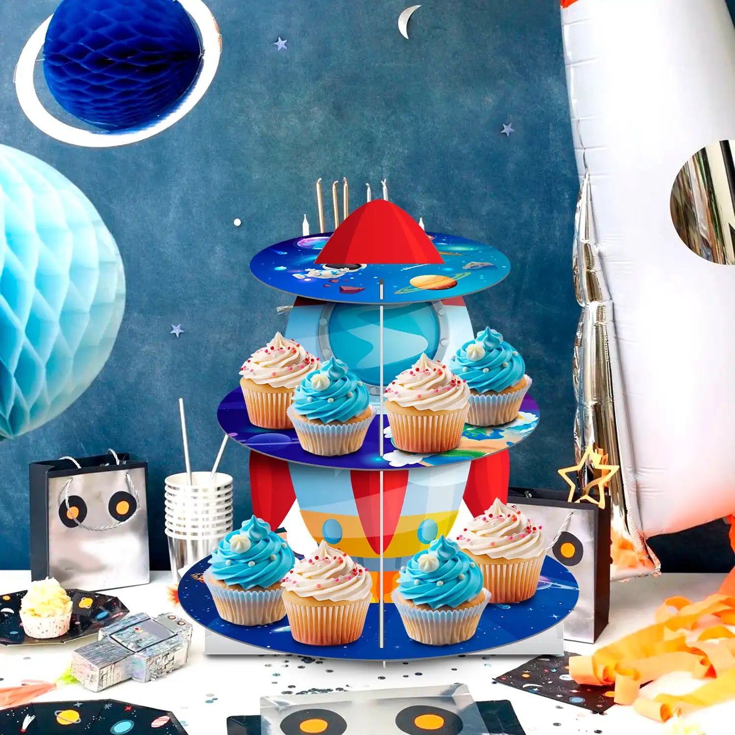 Space Cupcake Stand, 3 Tiers Space Theme Cupcake Stand, Space Cupcake Holder & Space Theme Dessert Tower, for Boys/Girls Space Themed Party Decorations & Outer Space Birthday Decorations