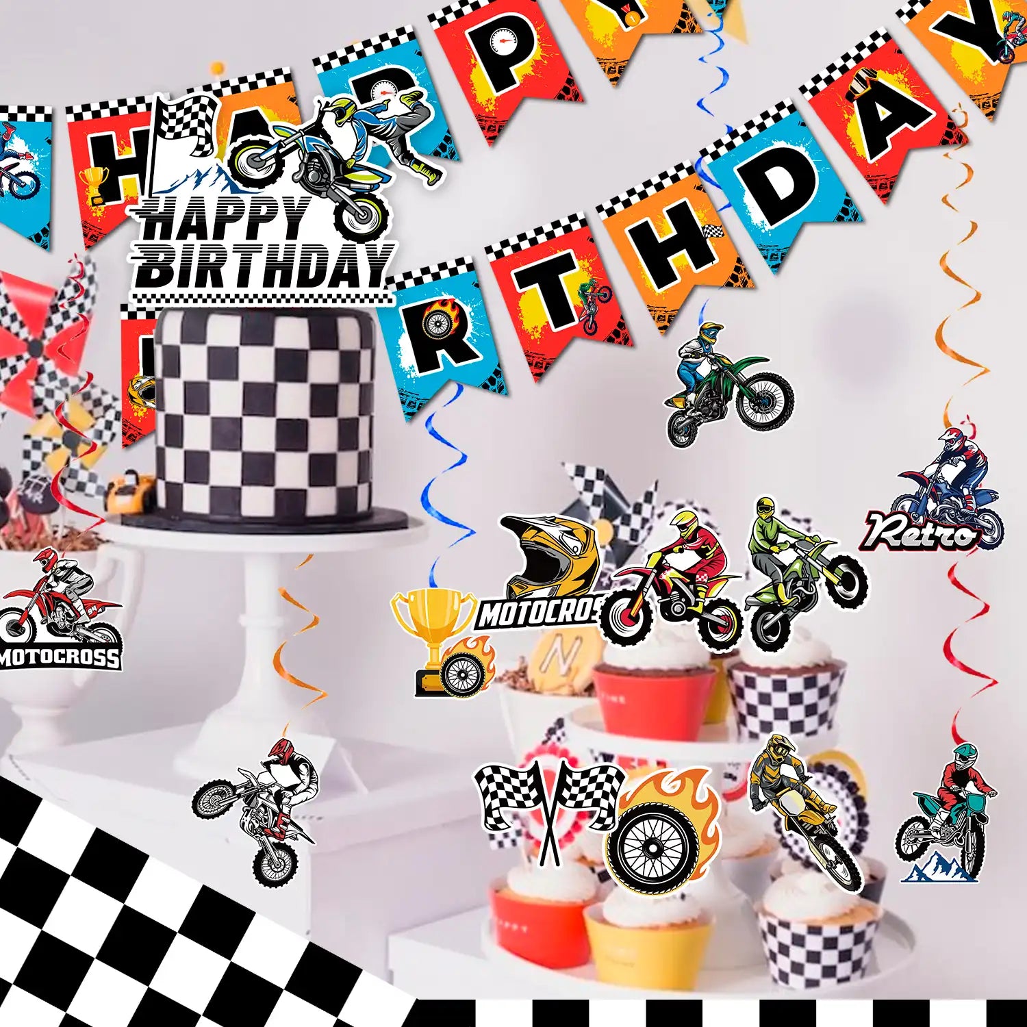 Dirt Bike Birthday Party Decorations, 20 Pcs Dirt Bike Party Supplies - Motorcycle Birthday Banner, Motocross Party Hangling Swirls & Dirt Bike Birthday Cake Topper etc Motorcycle Birthday Decorations