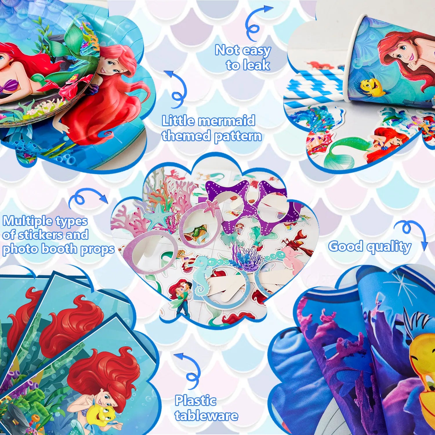 Little Mermaid Birthday Party Supplies,155pcs Little Mermaid Party Decorations and Tableware Set- Little Mermaid Party Plates and Napkins Stickers Backdrop etc Little Mermaid Birthday Party Theme Supplies