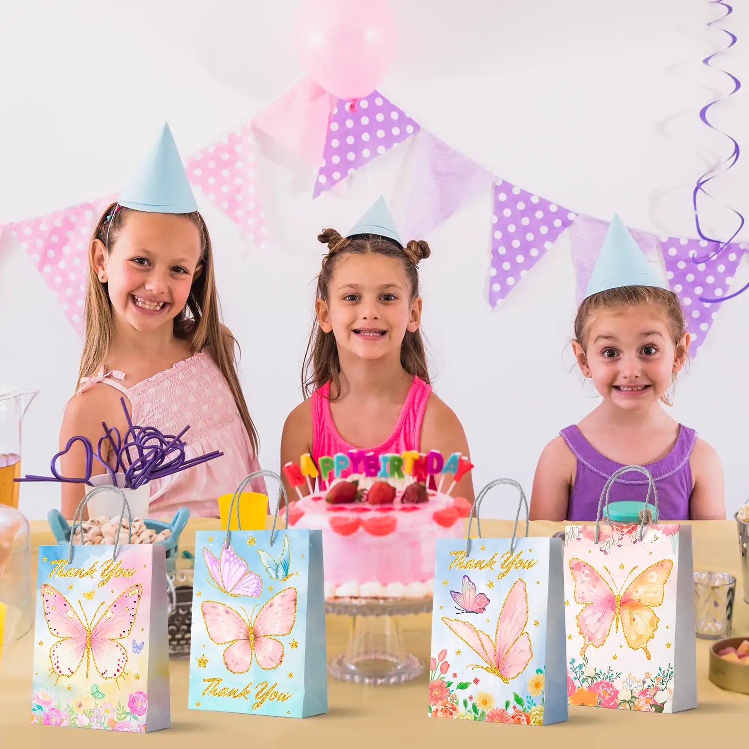 Butterfly Party Favor Bags with Handles, 24pcs Butterfly Goodie Bags for Birthday Party/Butterfly Gift Bags/Butterfly Candy Bags/Butterfly Treat Bags, Butterfly Paper Bags for Butterfly Decorations