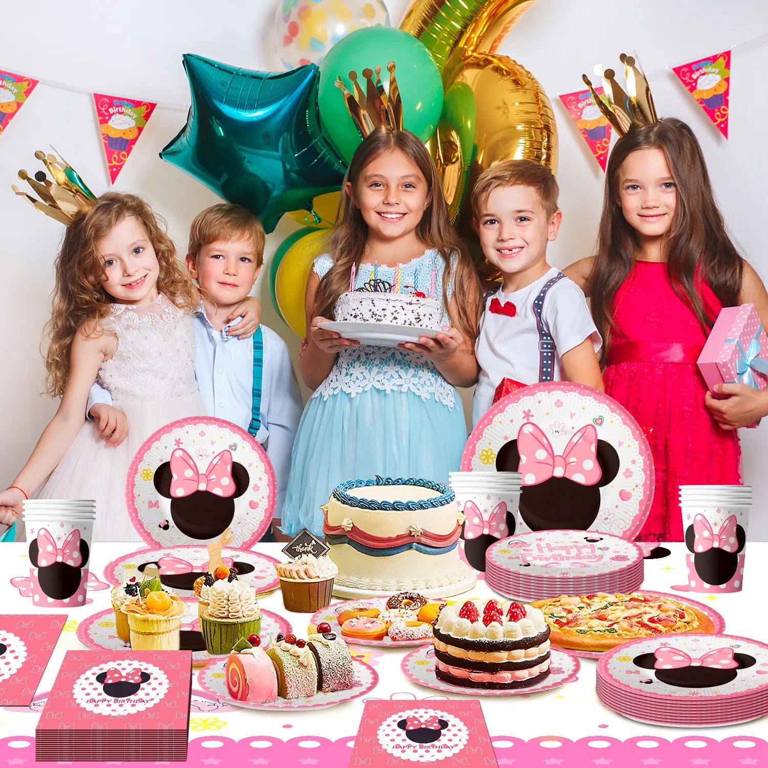 Minnie Mouse Party Supplies,16-Person Minnie Mouse Tableware Set - Min-niee Mou-ses Plates and Napkins Cups and Minnie Mouse Table cloth etc Minnie Mouse Birthday Party Supplies for Girls