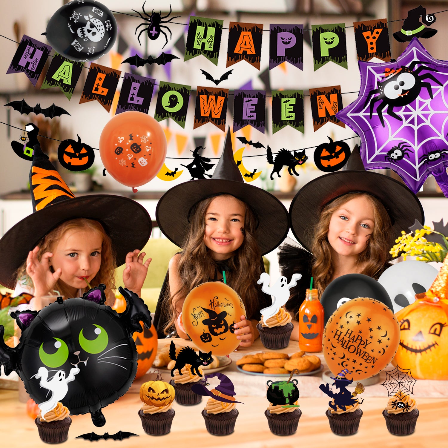 Happy Halloween Decorations,75Pcs Halloween Party Kit - Happy Halloween Banner,Halloween Balloons & Halloween Deocration Foil Balloons & Halloween Cake Topper etc Halloween Party Decorations Supplies