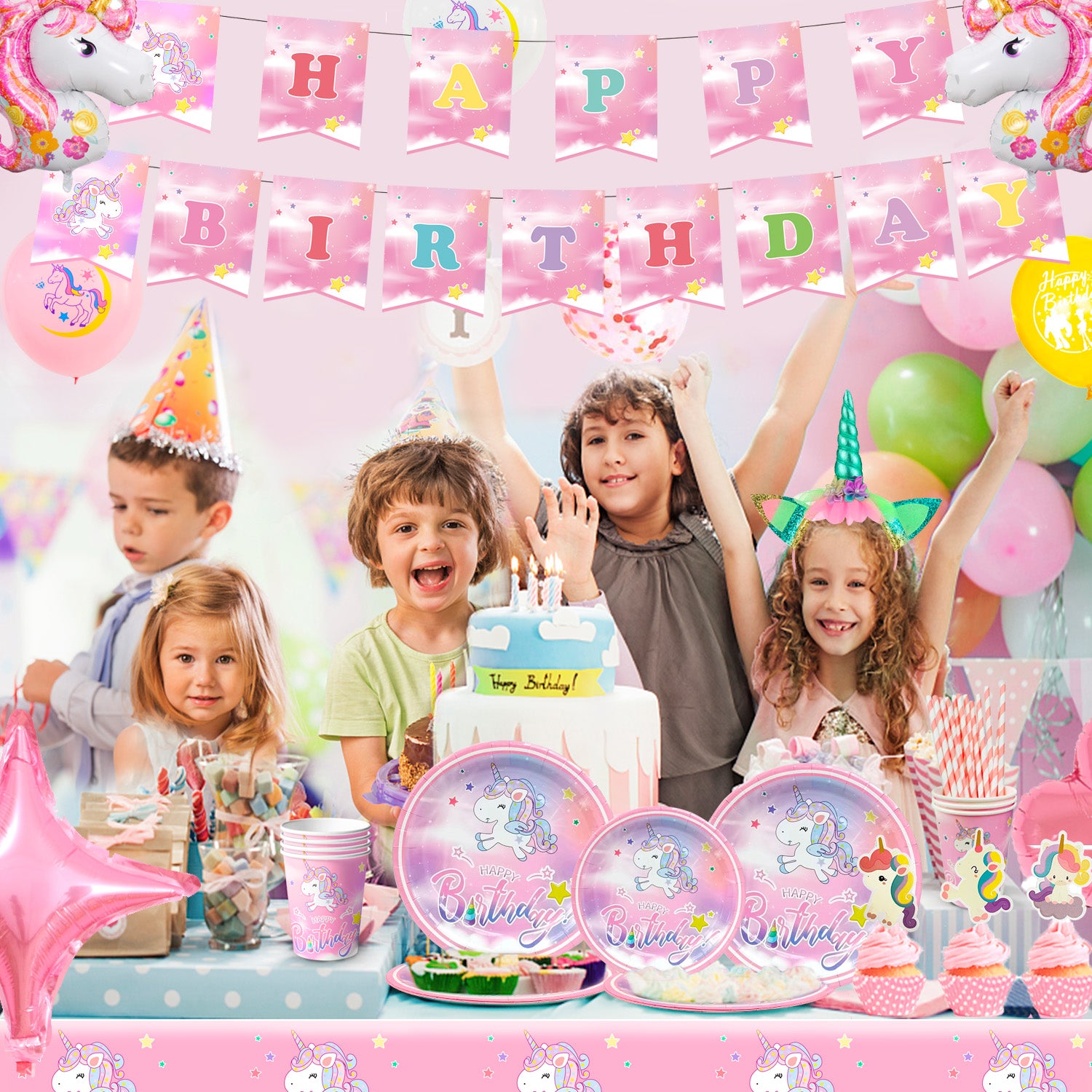 Unicorn Birthday Party  Decoration Supplies, 16 Guests Unicorn Party Tableware Set, Unicorn Paper Plates Napkins Table Cloth Balloon Banner Headband etc